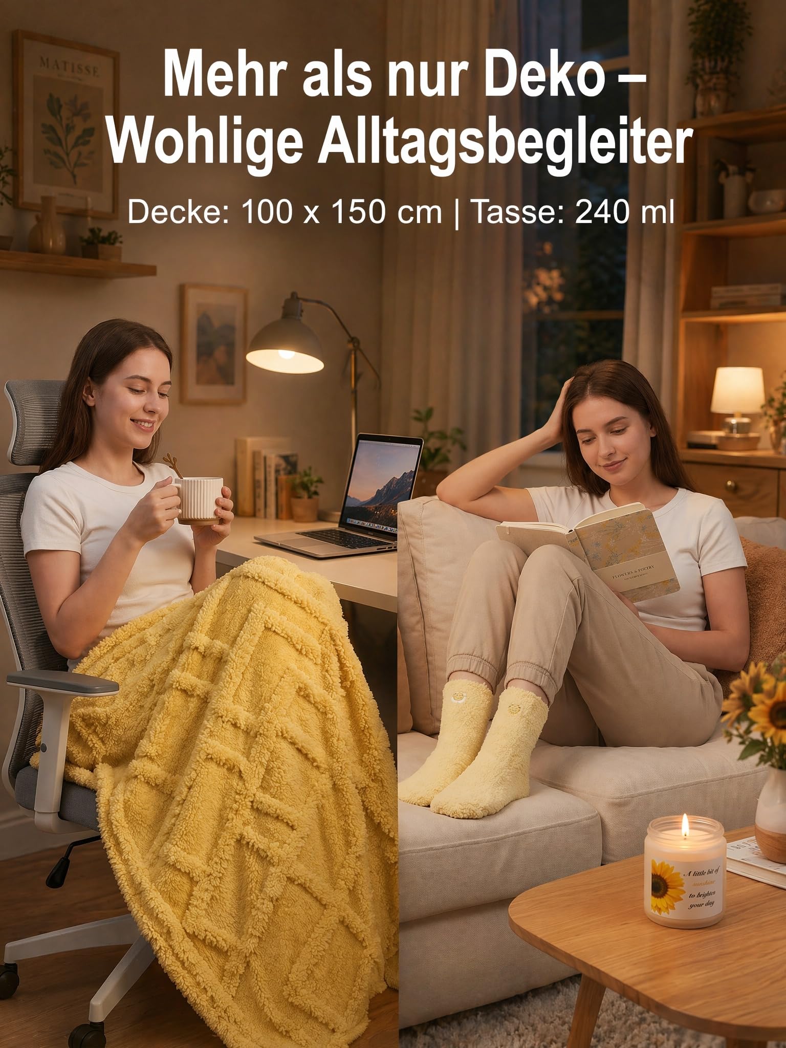 10-Teiliges Sonnenblumen Geschenkset für Frauen | 100x150cm Fleece-Decke, Sichere Keramiktasse, Gegen Zerbrechliche Kerzen, Geburtstagsgeschenk