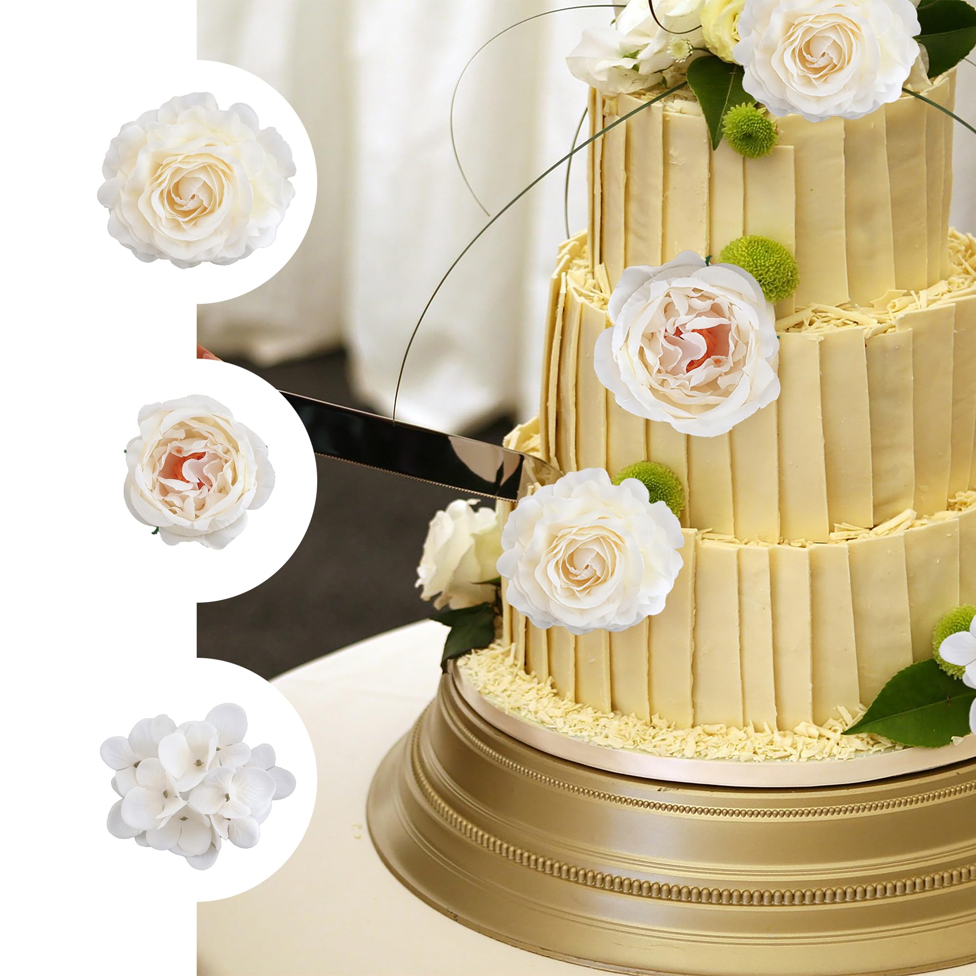DABAOOU 24Pcs Artificial Flower Heads Fake Flower with Stems Silk Faux Flowers Craft Peony Rose for DIY Table Decorations Arrangement Wedding Party Cake Hair Home Decor (white) - Image 3