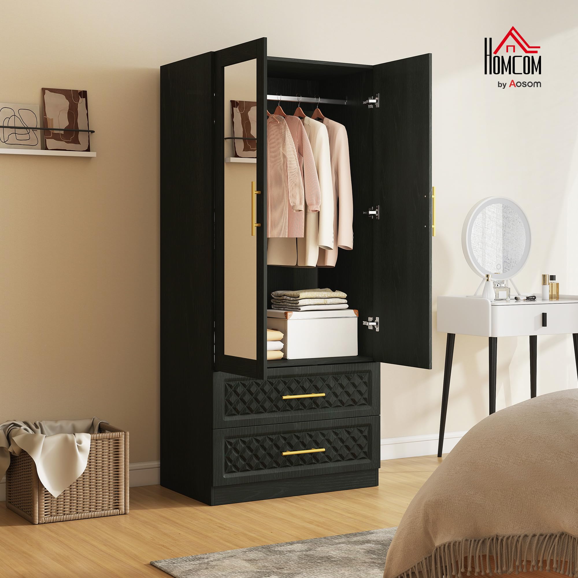 HOMCOM Armario Dormitorio 2 Puertas y 2 Cajones Espejo 80x50x180 cm Negro