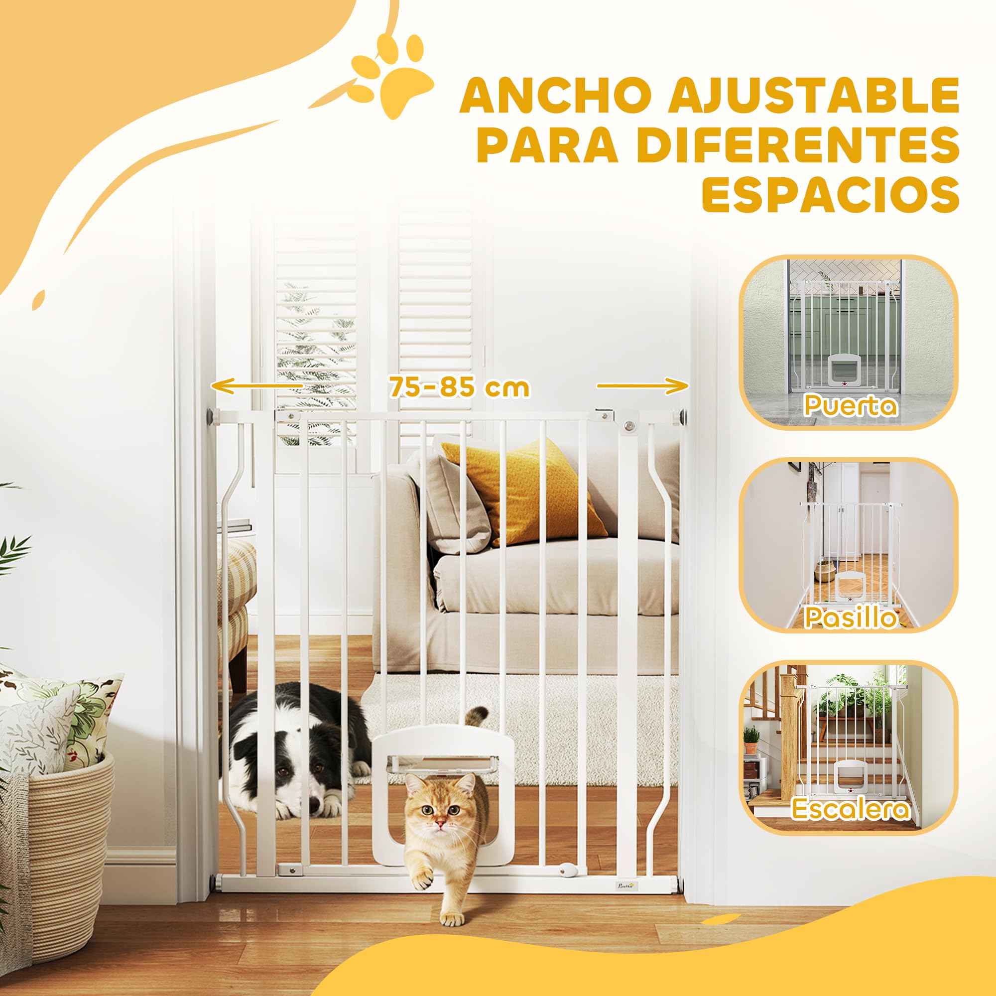 PawHut Barrera de Seguridad para Perros Extensible Puertas 75-85 cm Blanco | Para Escaleras, Barrera para Perros con Puerta Pequeña, Montaje a Presión, Doble Bloqueo
