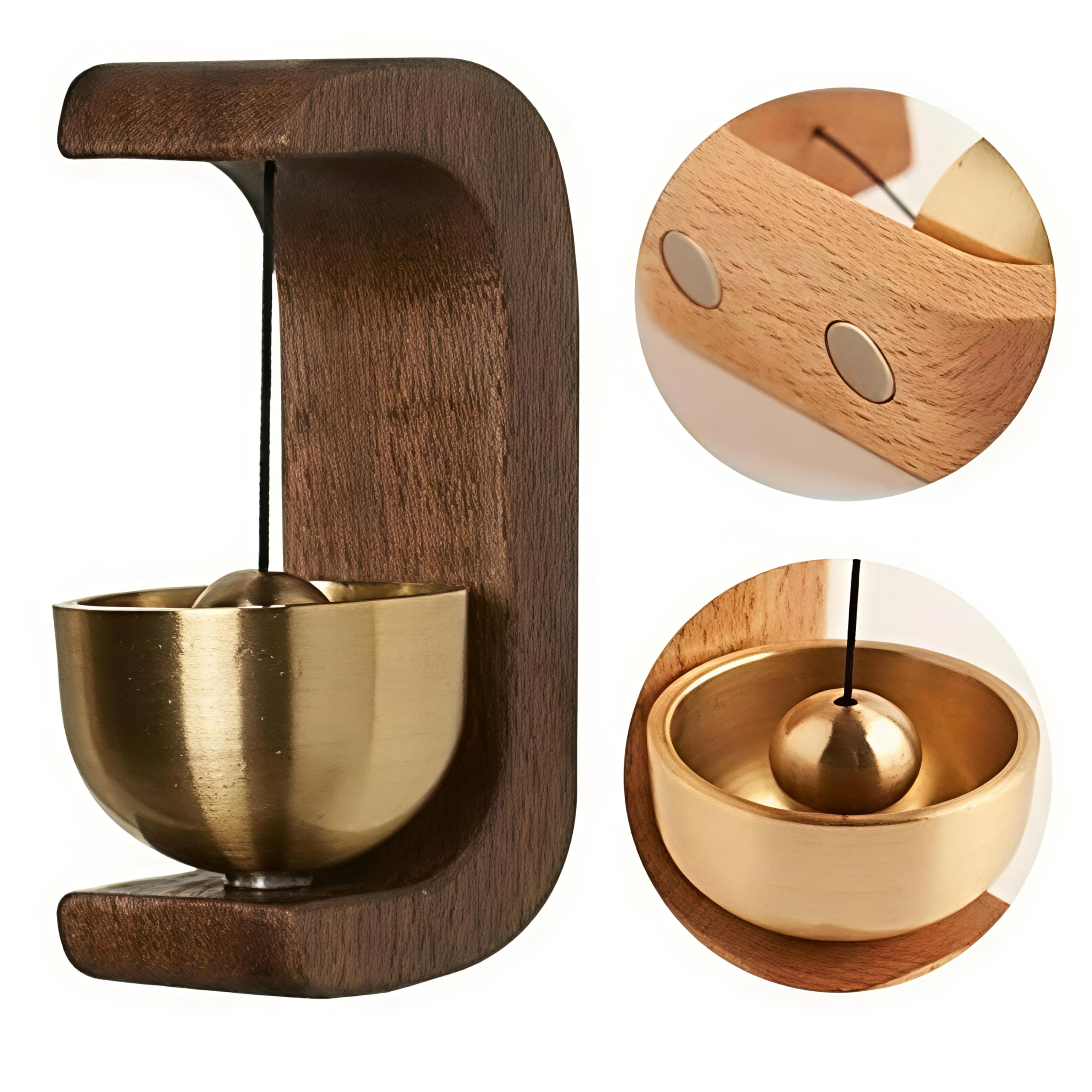 Wooden Door Bell with Gold Tone Metal Bowl, Wall Mounted Decorative Door Chime, Hanging Entrance Bell for Home, Office, Temple, Meditation and Decorative Display 3