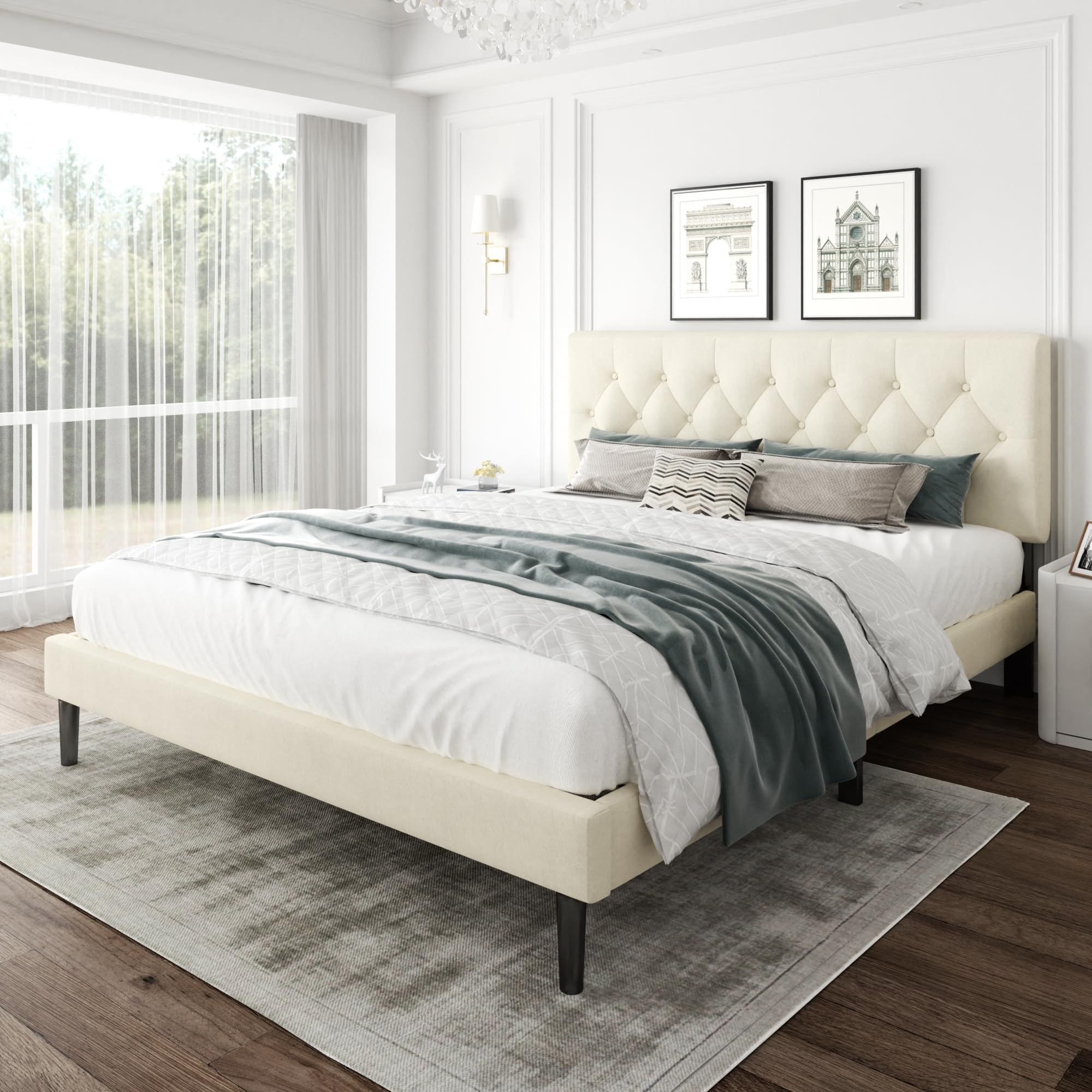King Size Bed Frame with Upholstered Headboard Button Tufted Design Strong Wooden Slats No Box Spring Needed Easy