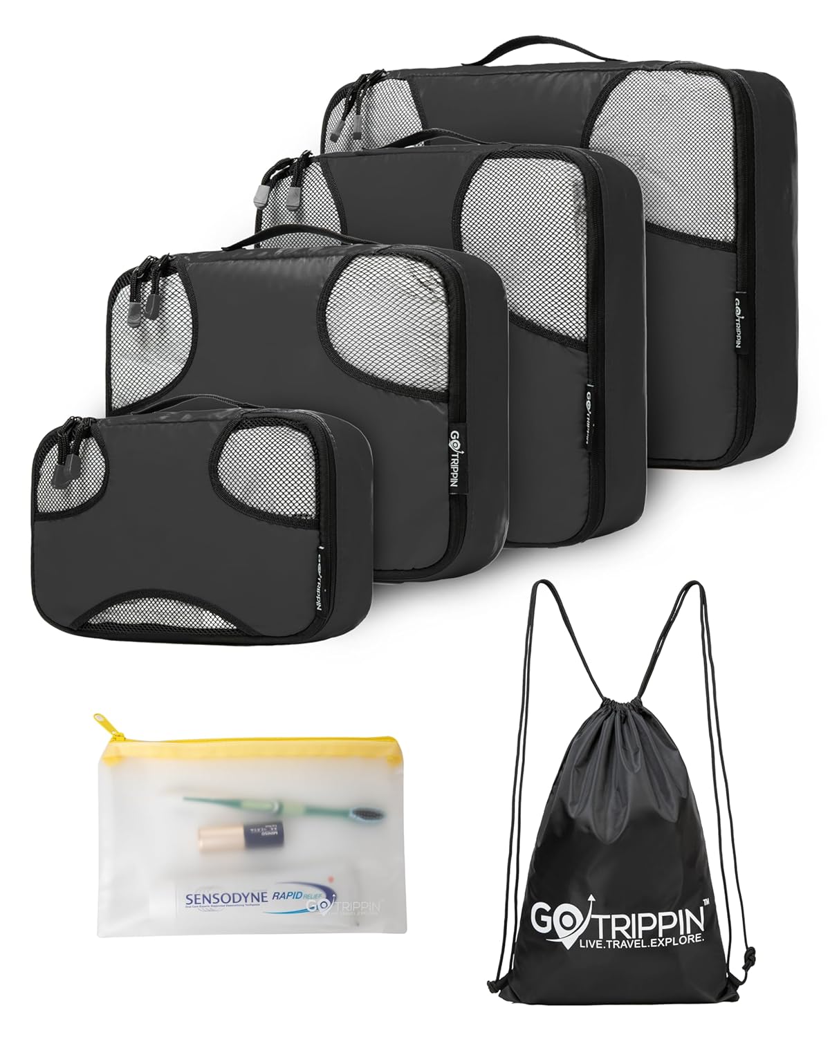 Gotrippin Packing Cubes for Travel, 6 in 1 Water Resistant Travel Organizer Pouch Set (4 Cubes+ Drawstring Bag+ Cosmetic Pouch), Luggage Suitcase Wardrobe Organiser Bags for Clothes Shoes (Black) Gotrippin Packing Cubes for Travel, 6 in 1 Water Resistant Travel Organizer Pouch Set (4 Cubes+ Drawstring Bag+ Cosmetic Pouch), Luggage Suitcase Wardrobe Organiser Bags for Clothes Shoes (Black)