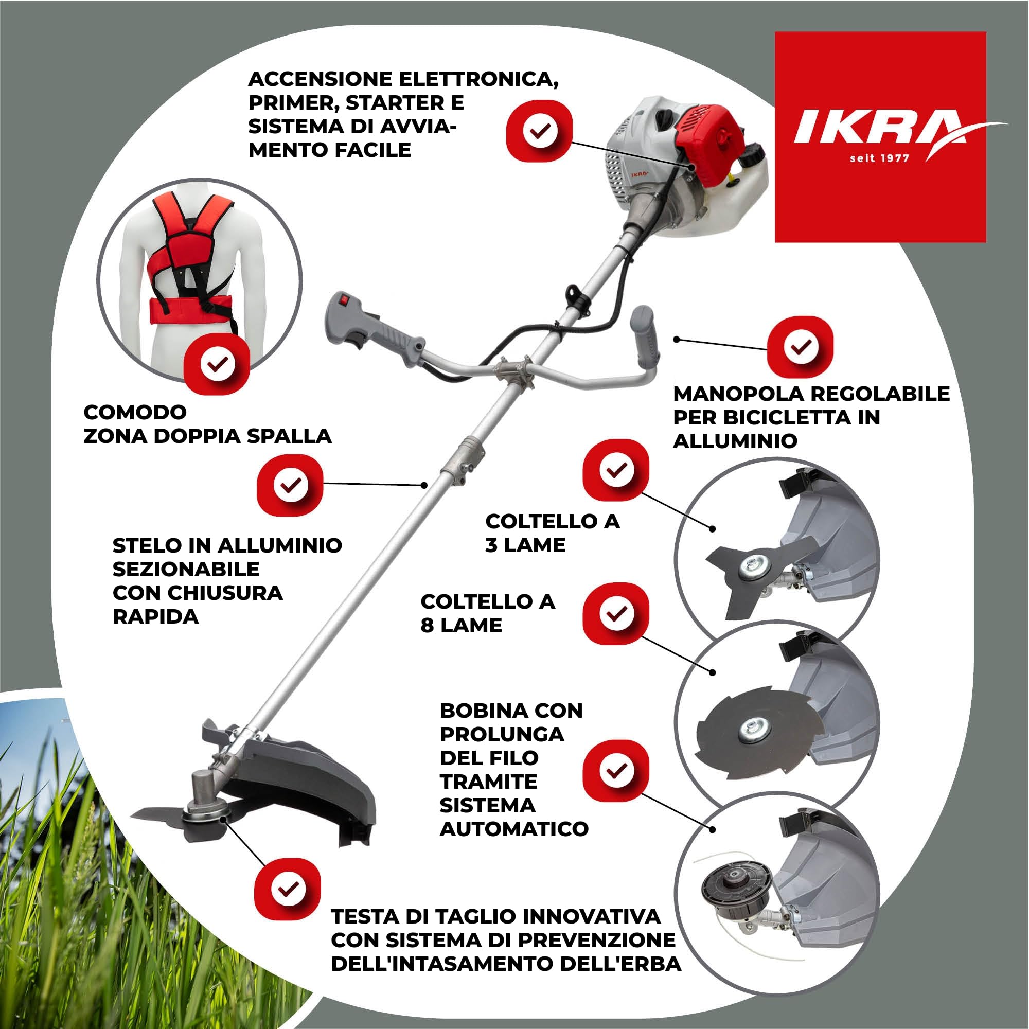 IKRA decespugliatore benzina IBF 4342 con accessori utili, 42,7cm³, 1,25kW | Incl. lama a 3 e a 8 denti, 2 bobine e tracolla, motore a 2 tempi, sistema di avviamento facile, impugnatura a manubrio