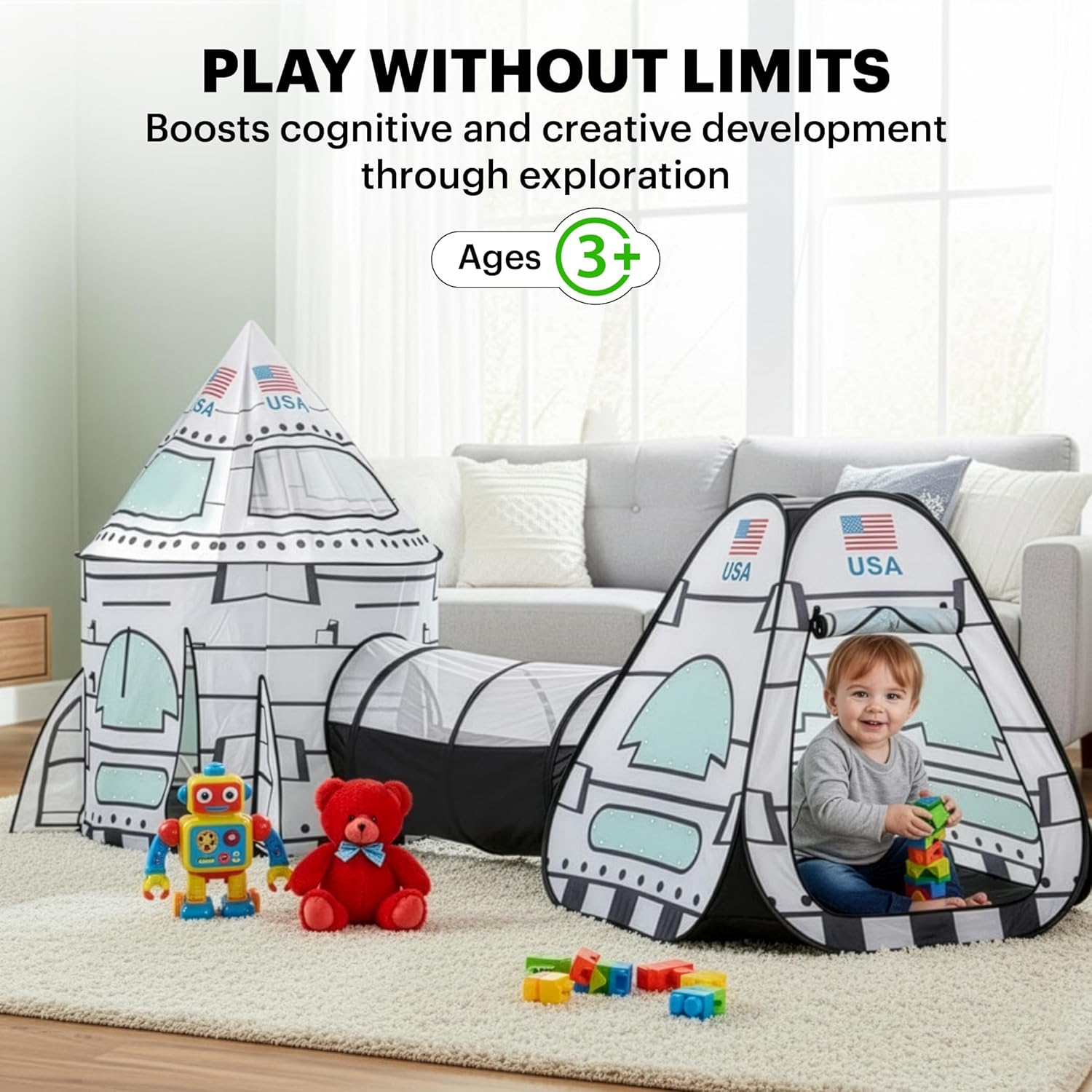 Lafyette. USA White Rocket Ship Play Tent with Tunnel, Pop Up Kids Playhouse Set, Indoor Outdoor Spaceship Tent for Boys Girls Toddlers, Imaginative Play Toy, Portable Foldable Children’s Play Set