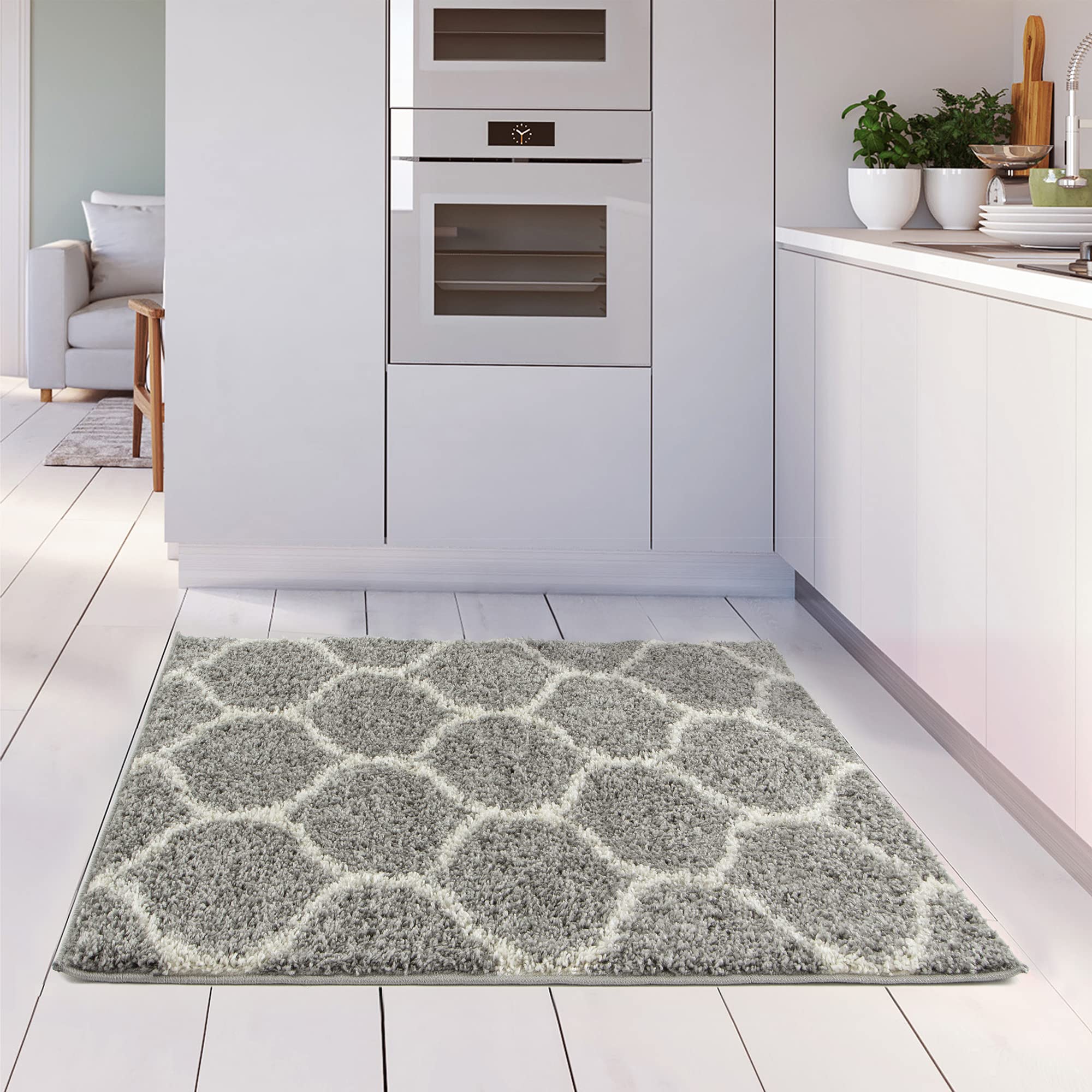 THE RUGS Shaggy Rug, Modern Moroccan Design Rugs for Living Room Bedroom, Hallway, 3 cm Thick Area Rugs, (Trellis Grey/Ivory - Image 2