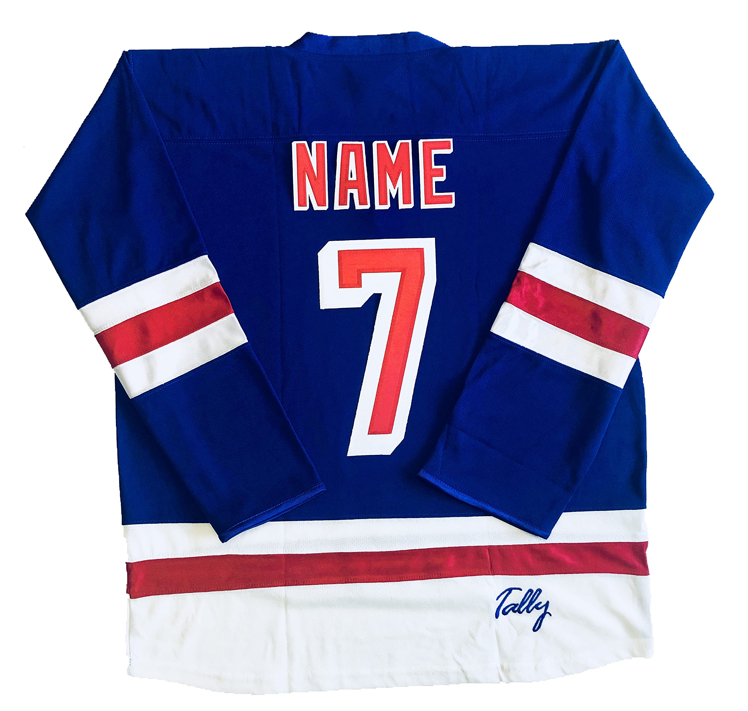 Tally Peace Sign Hockey Jerseys - We Customize with Your Name and Number (Blue, Adult Large)