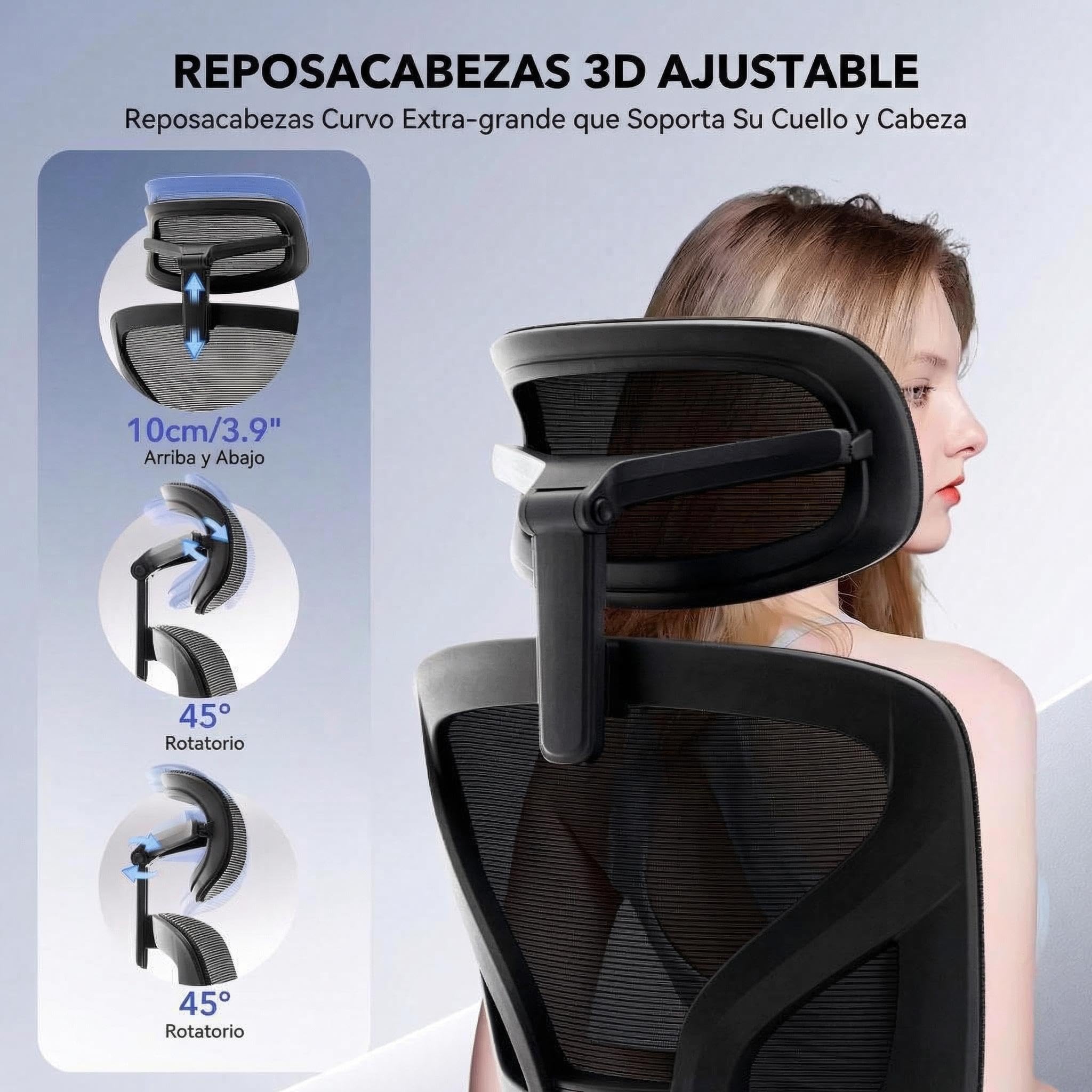 Garvee Silla Escritorio Ergonómica con Base Metálica Sin Color | Con Soporte Lumbar Ajustables,Reposacabezas y Apoyabrazos,Malla Giratoria,Reclinable y Móvil,Carga máx. 136 kg,Con reposapié