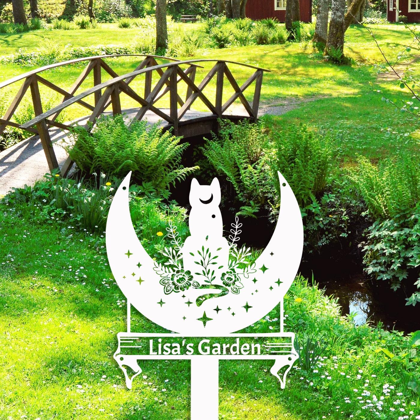 Custom Flowers Cat Garden Sign Metal Stake, Personalized Moon Cat Garden Stake Sign Outdoor Garden Decor Cat Silhouettes for Yard Decoration, Decorative Garden Stake Yard Sign