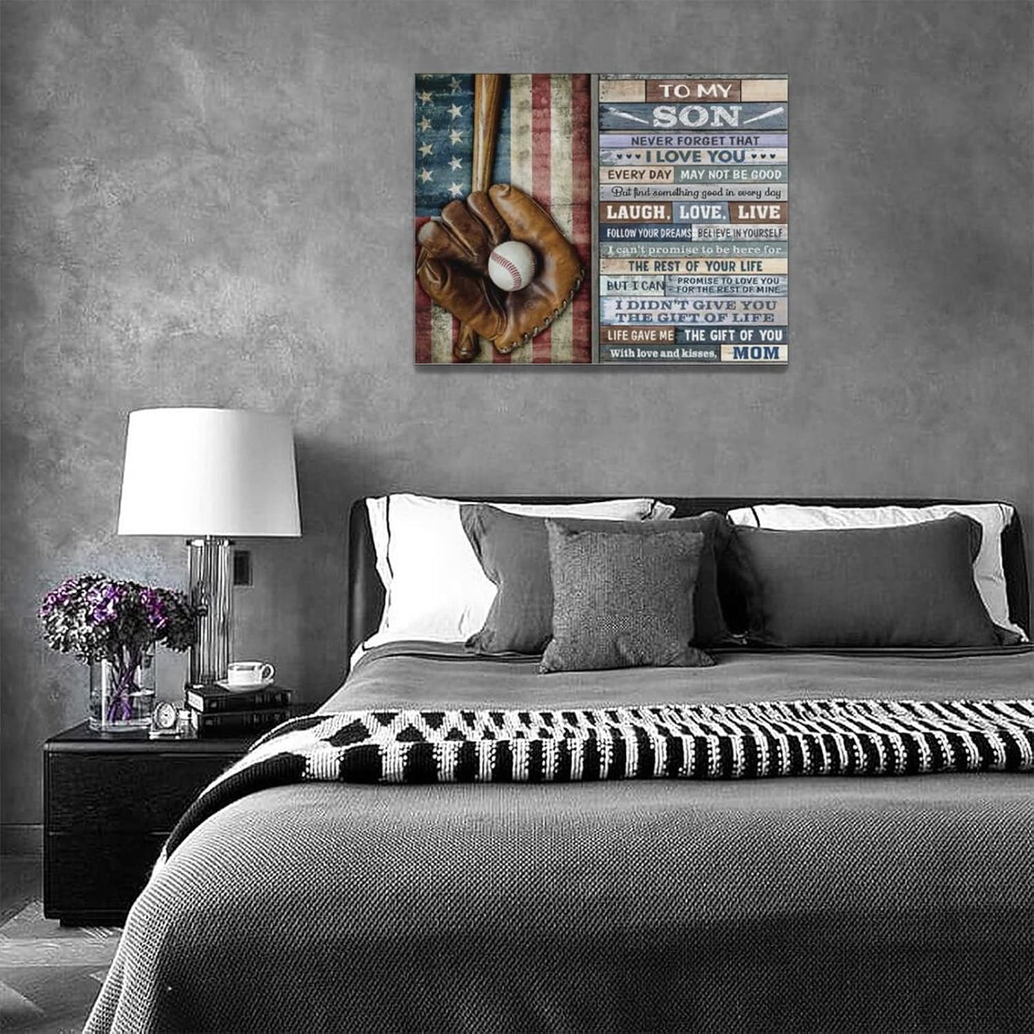 Baseball Sports Wall Art Baseball with Mitt on American Flag Pictures Wall Decor Canvas Baseball Vintage Artwork Gift To My Son Modern Home Decorations Framed for Office Boy Room Gym 12"x16"