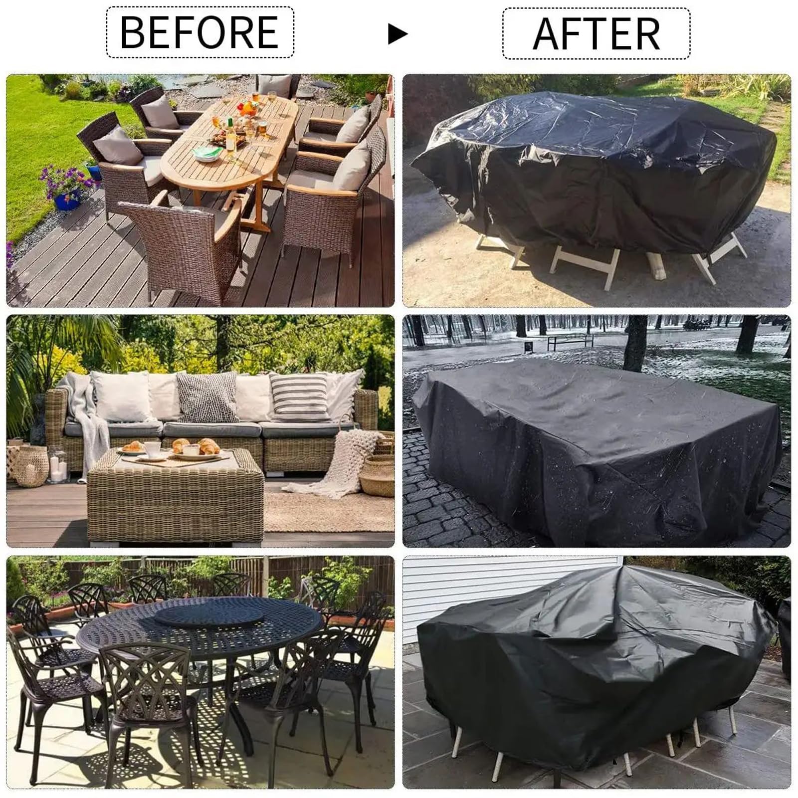 Coperture per Mobili da Giardino 333x113x80cm/LxWxH Copertura Tavolo Esterno Impermeabile, Telo Copri Tavolo Esterno Impermeabile Anti-UV Antivento Telo Copri Tavoli da Terrazza, Nero
