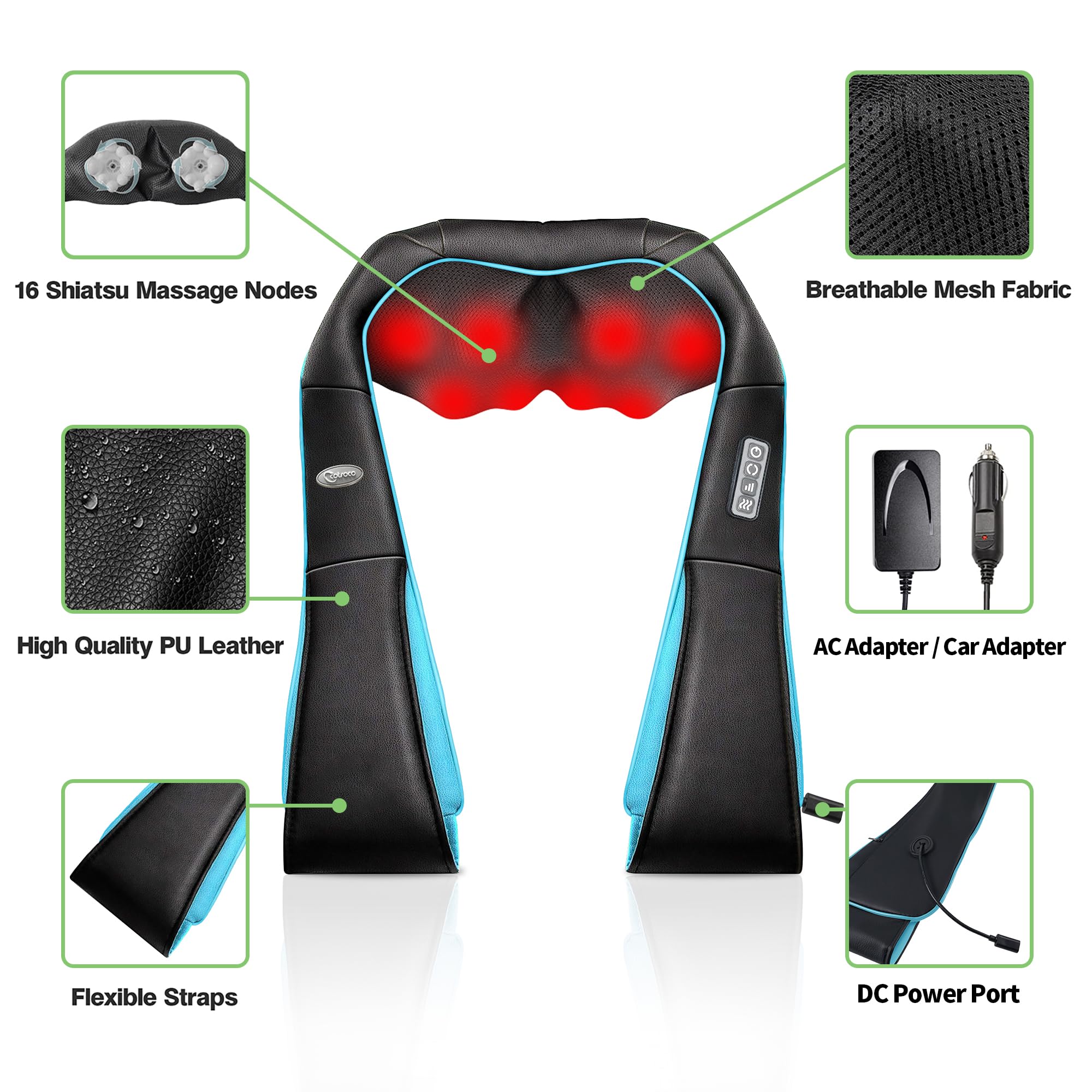 cotsoco Neck Massager, Shiatsu Neck and Back Massager with Heat for Pain Relief, Deep Tissue 3D Kneading Massage Pillow, Relaxation Gifts for Men and Women, Gifts for Dad, Elderly,Wife（Teal）