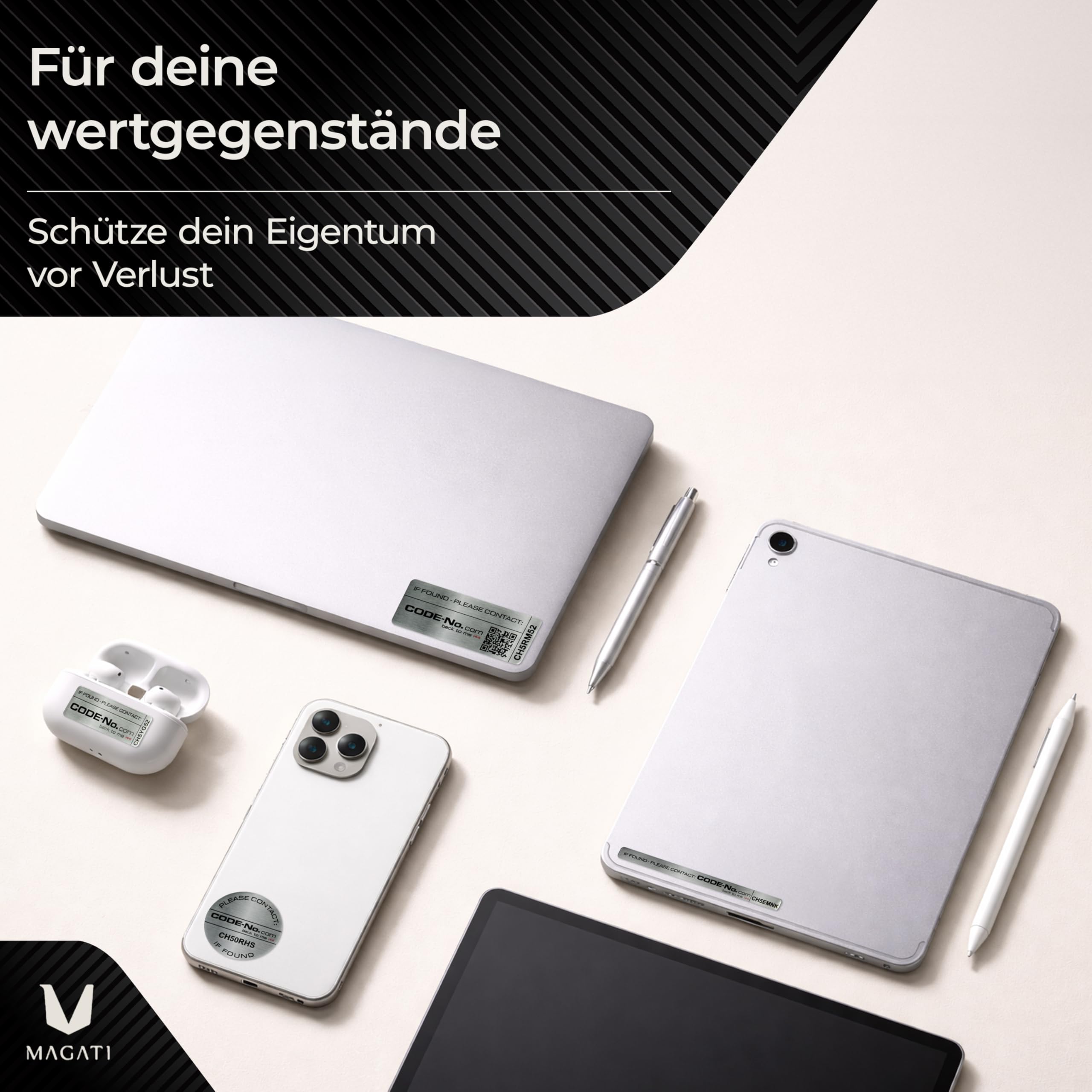 MAGATI CODE24 Aluminium 5er-Mix Diebstahlschutzlabel (3 Jahre/Silber) – Individuelles, stark haftendes Code Label für Wertgegenstände – Mit sicherem Lost- & Foundservice CODE24