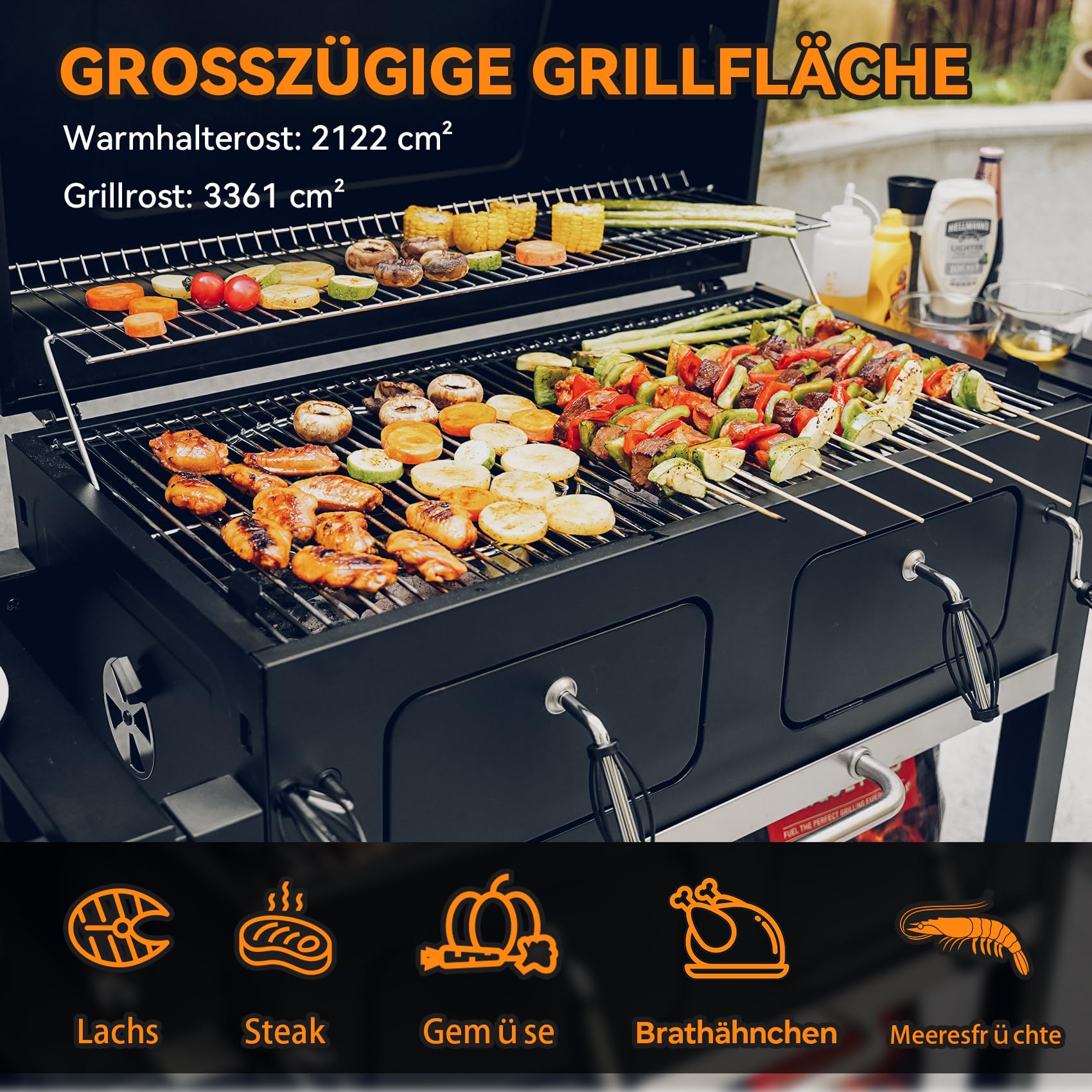 onlyfire Holzkohlegrill mit Deckel, Grill Grillwagen BBQ Smoker mit Rädern, Edelstahl Grillrost, Abdeckungen und Verstellbarer Kohlewanne, Großer Grill Holzkohle für Party, Camping