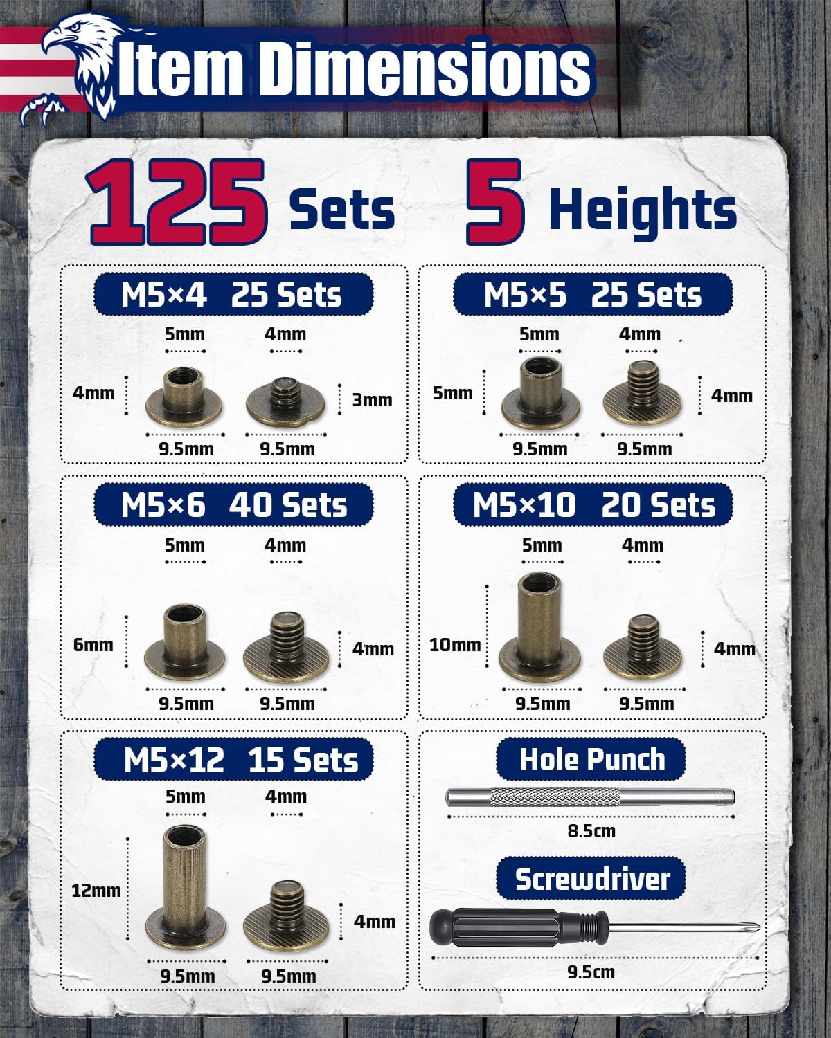 SacrPneuma 125 Sets Pre-Paired Chicago Screws for Leather, Leather Rivets Kit, Bronze Carbon Steel Chicago Screw Assortment for Bookbinding Belts Bags, M5 x 4/5/6/10/12mm (Bronze)