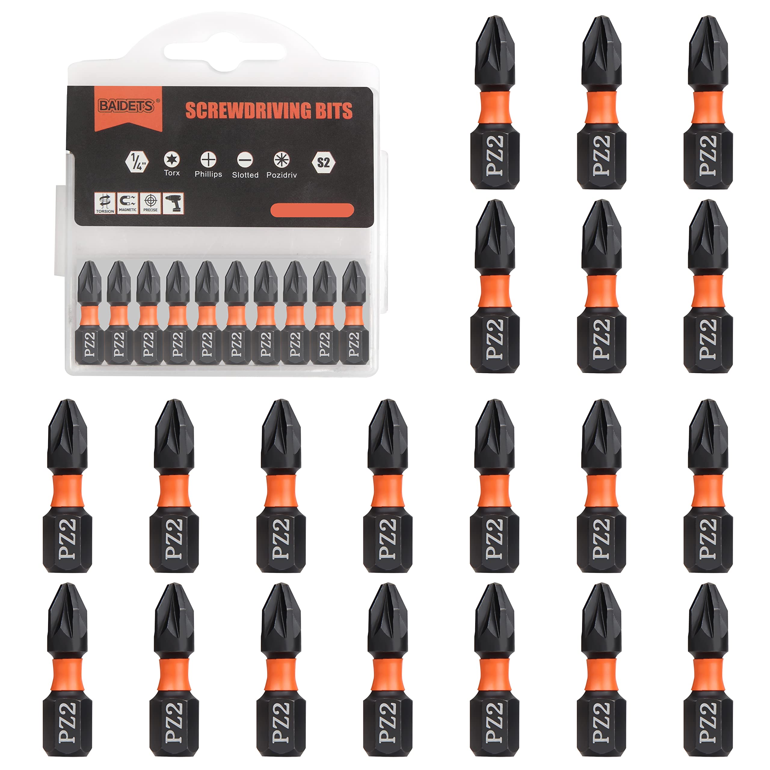 BAIDETS Pro PZ2 Bit-Sortiment - Schraubendreher Bits Set 20 Stück, 25mm Länge, Schrauber-Bit, 1/4