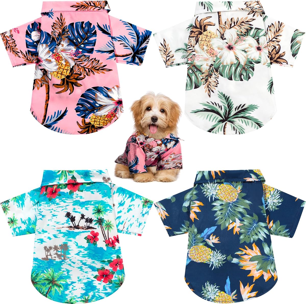Weewooday Paquete de 4 camisas hawaianas para perros verano tropical, estilo floral, pequeño | Camiseta transpirable para perros pequeños, traje de vacaciones en la playa, estampado floral de palmeras de piña, camisa para mascotas estilo hawaiano con botones