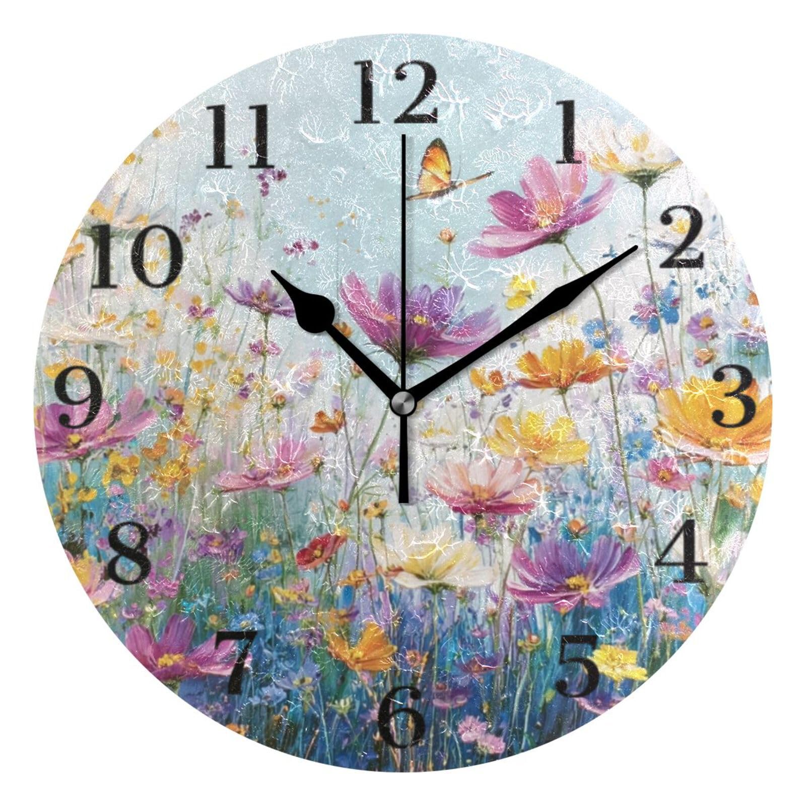Ensound Yellow Pink Wildflowers Wall Clock Silent Non-Ticking Battery Operated Clocks 12 Inch for Kitchen Home Living Room