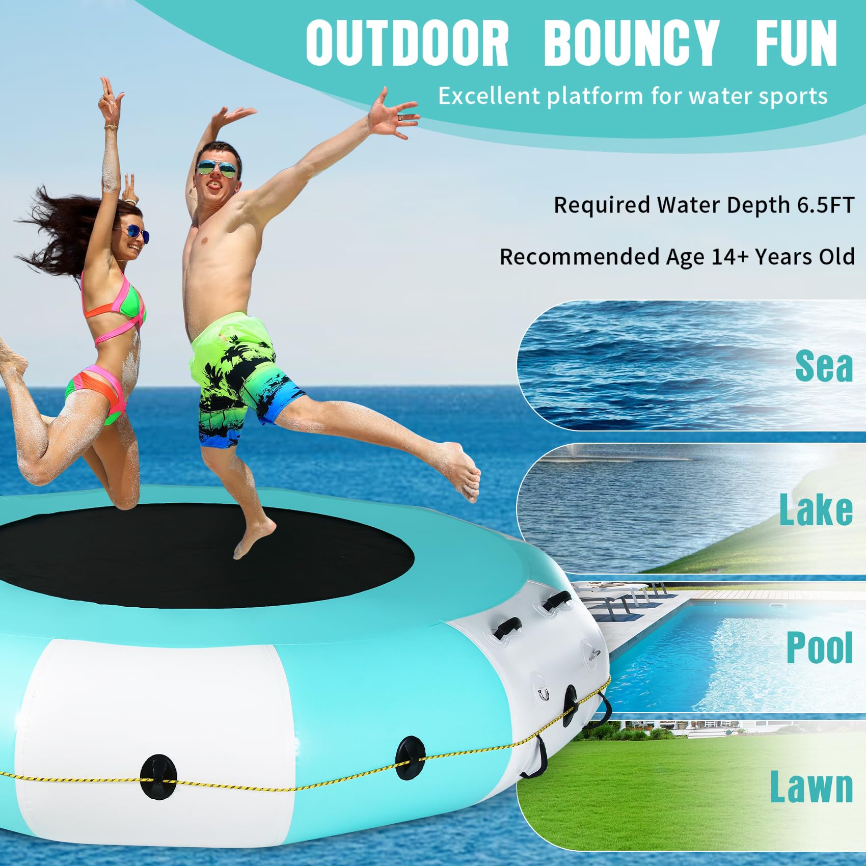 Trampoline aquatique gonflable, portable de 3 m, pour lac, piscine, mer, natation, pêche, hamac d'eau avec pompe et échelle en corde