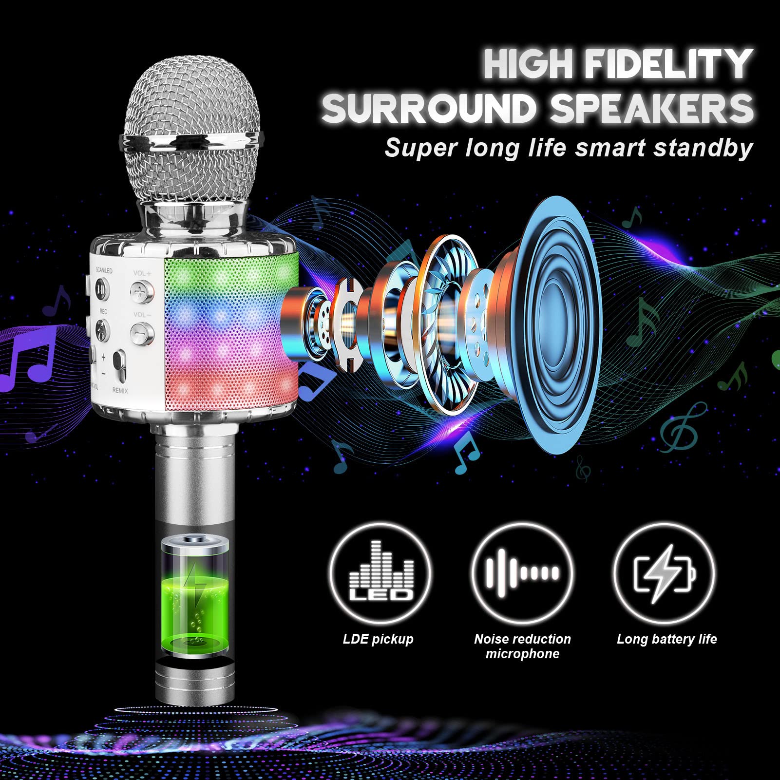 ShinePick Microfono Inalámbrico Karaoke, Micrófono Karaoke Bluetooth Portátil con Altavoz y LED para Niños Canta Partido Musica, Compatible con Android/iOS PC, AUX o Teléfono Inteligente (Plateado)