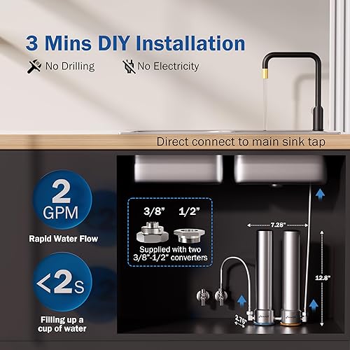 Miniatura 5 de Frizzlife UDS99 - Sistema de filtro de agua para debajo del fregadero, filtración de agua de conexión directa de 8 etapas, 0.5 micrones reducen el