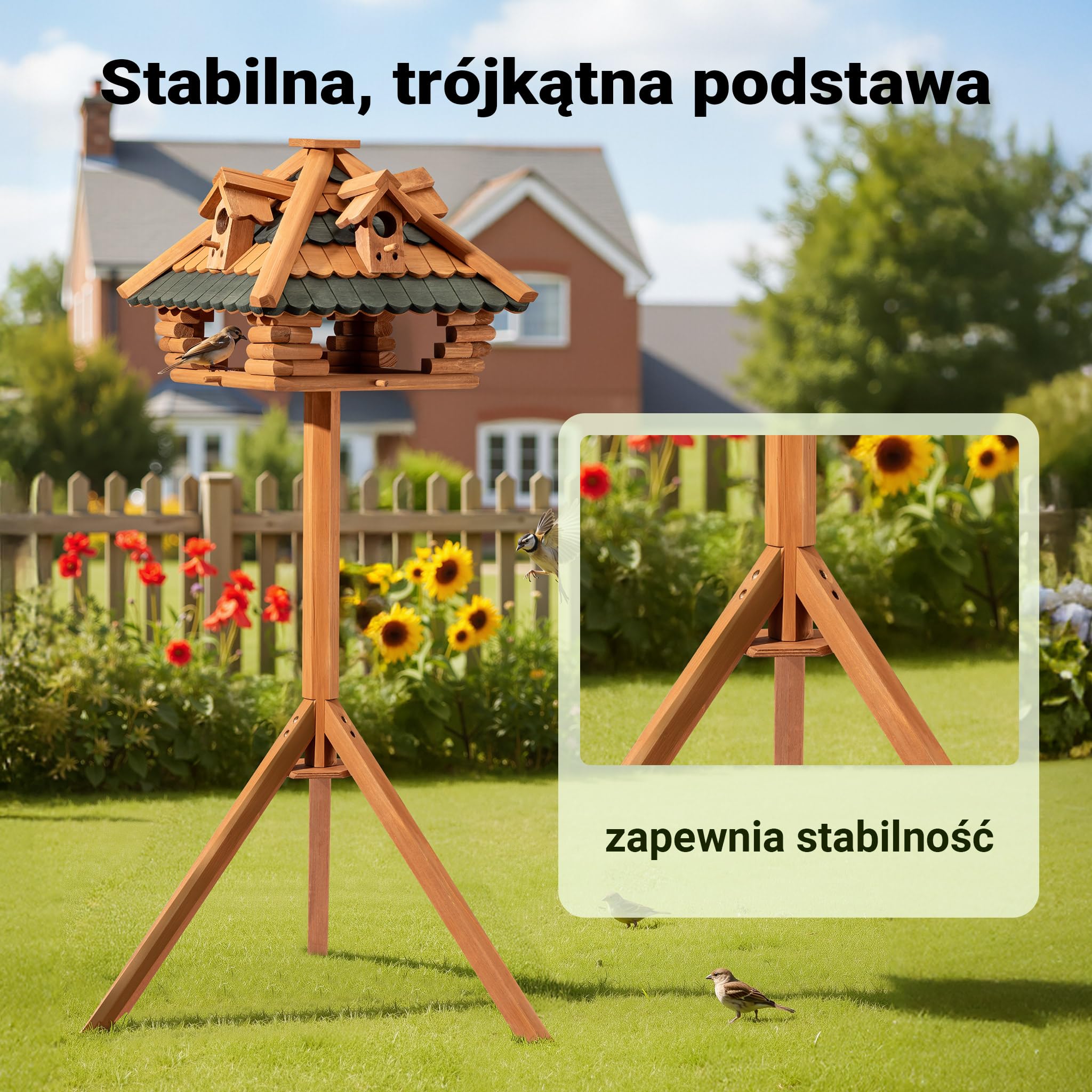 Karmnik domek dla ptaszków ze stojakiem z drewna jodłowego 115cm dla dzikich ptaków z lukarnami