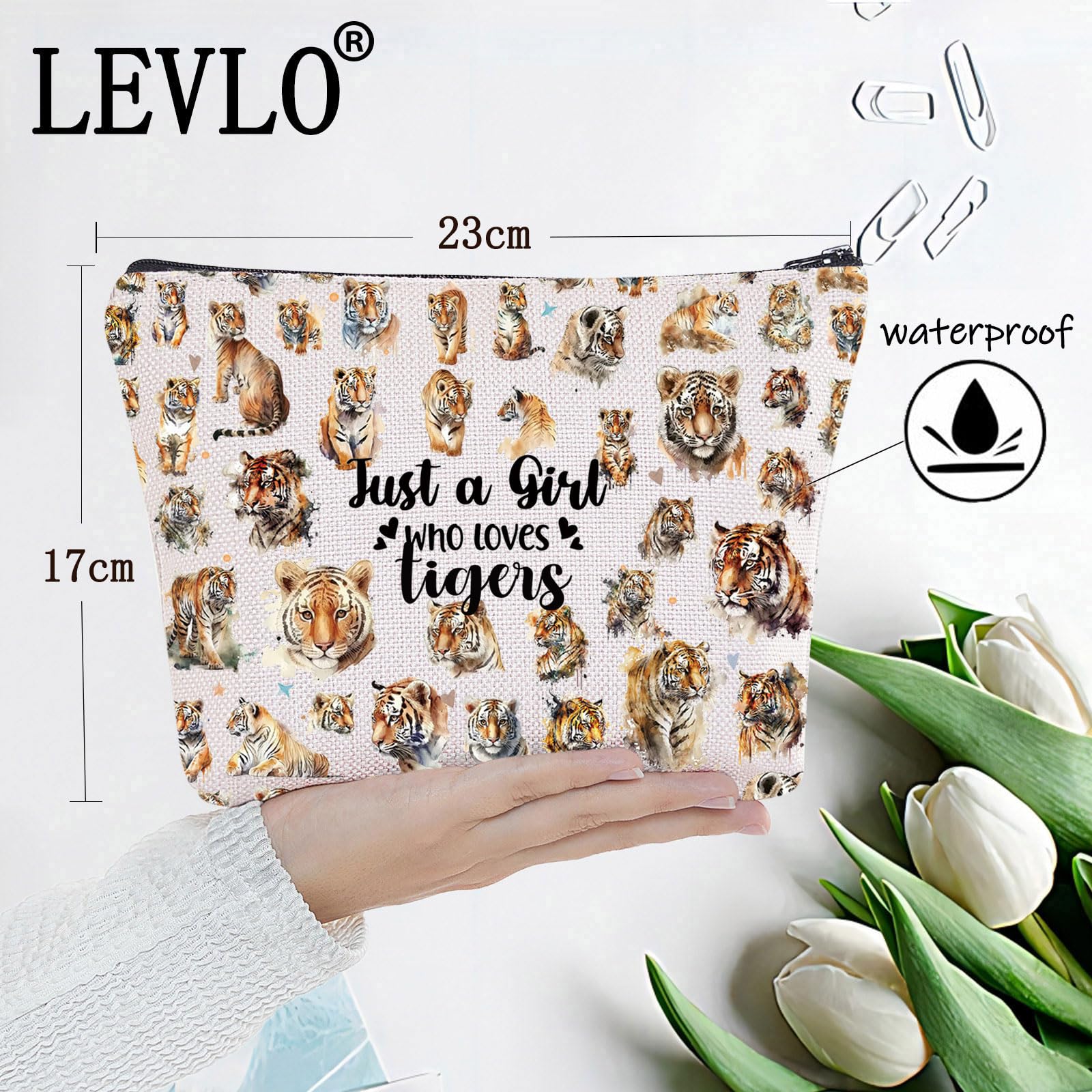 LEVLO Funny Cosmetic Bag - Animal Lover Gift for Women & Girls, Zipper Pouch Bag with Tiger Lover Design, Tigers - Image 2