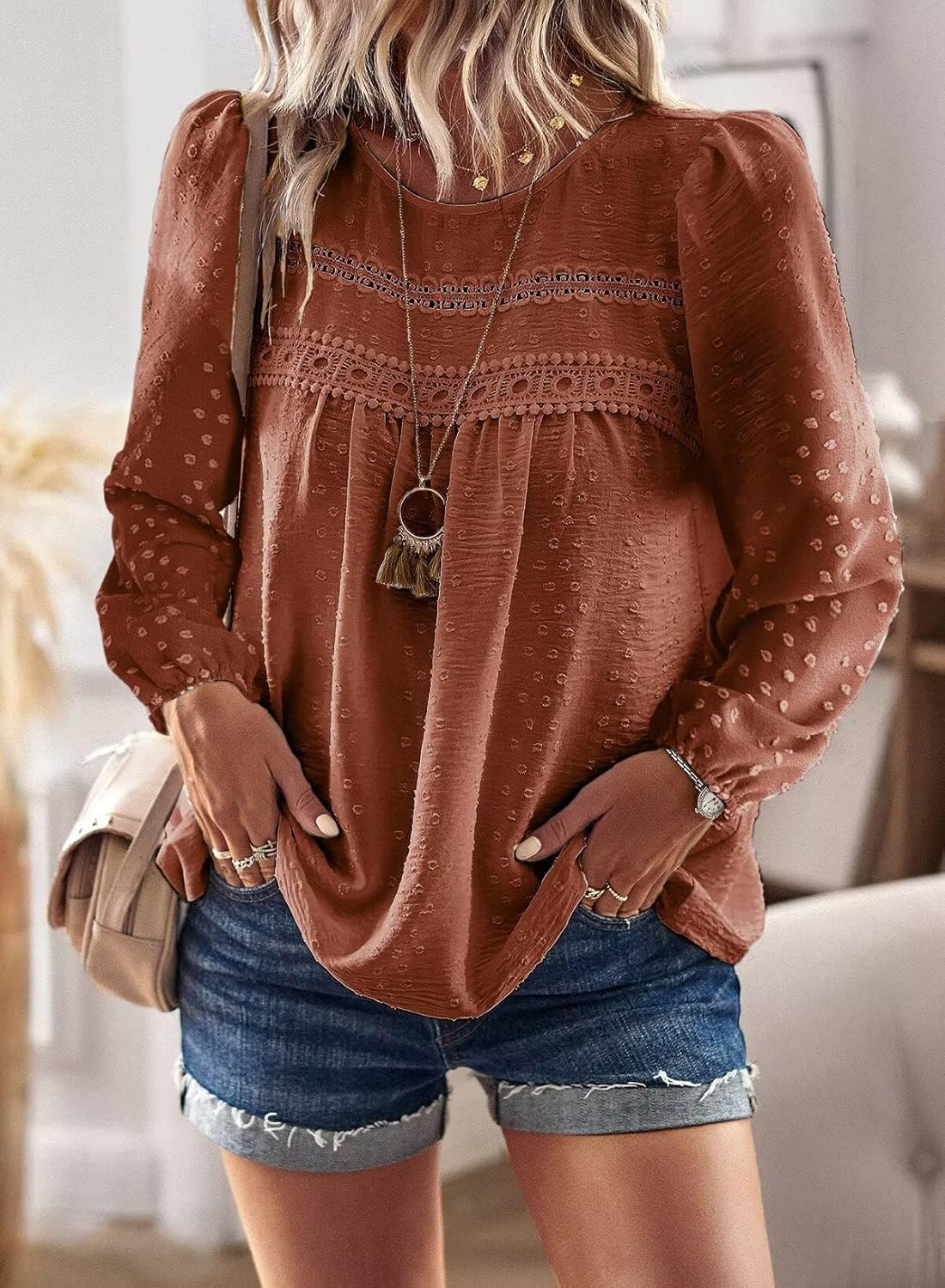 Boho Tops for Women Long Sleeve Shirts Crewneck Flowy Womens Blouses Dressy Casual Lace Hem Clothing Trendy 2026 - Image 5