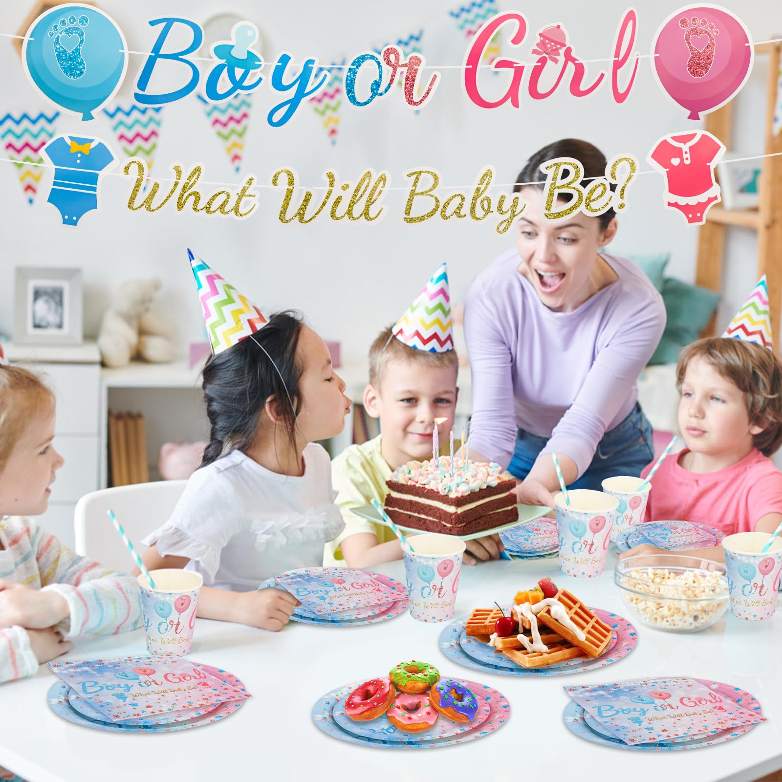 122 Pcs Gender Reveal Party Decorations, Set Stoviglie Carta per Feste, Baby Shower Decorazioni, Boy or Girl Decorazioni, Forniture Feste Baby Shower, per 24 Ospiti