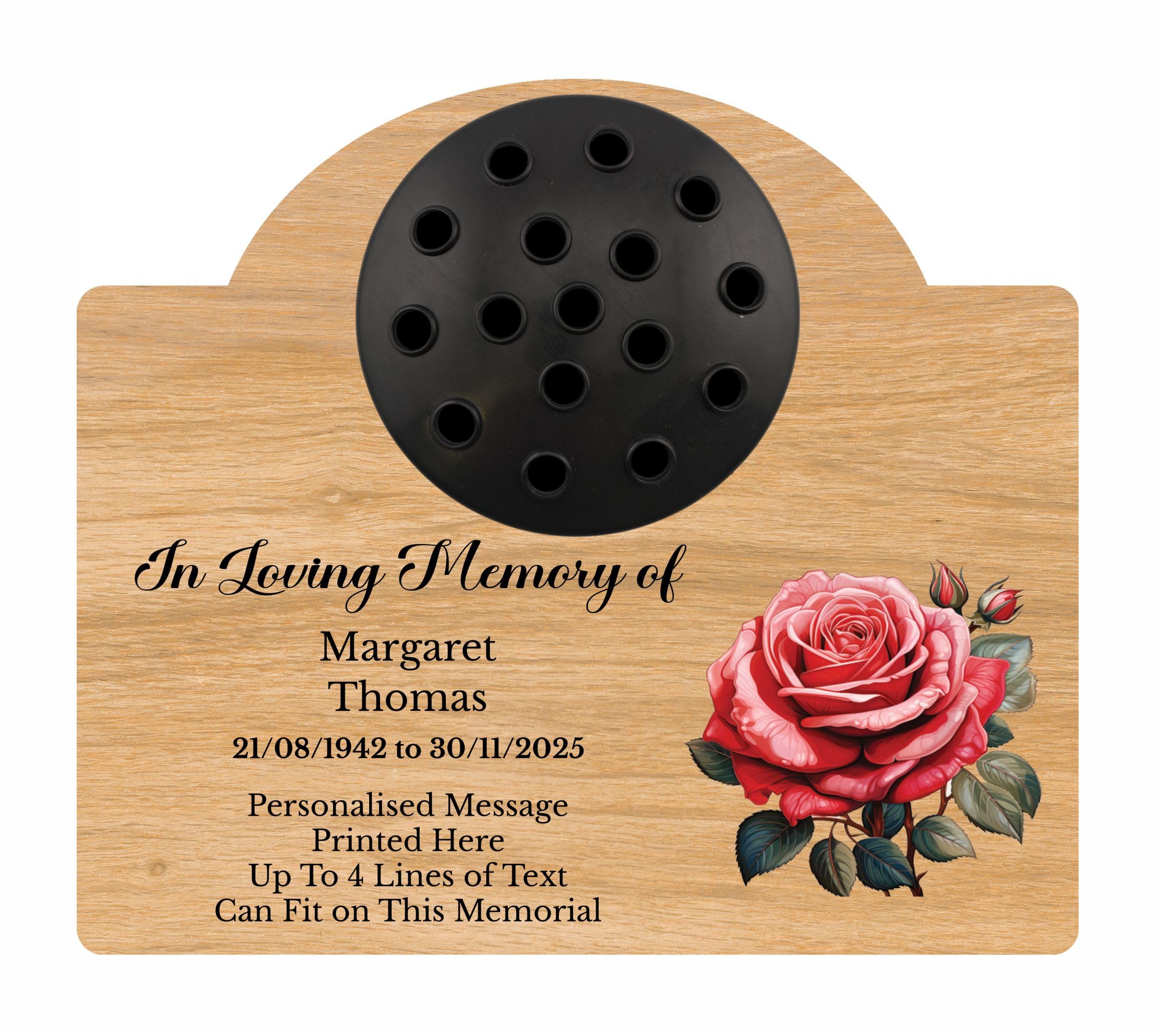 1stclassgifts Personalised Rose Design Metal Grave Stone Marker Headstone Memorial Plaque, In Memory Sign Remembrance Vase Flower Pot Grave (UV PRINTED) (Light Wood, Black lid)