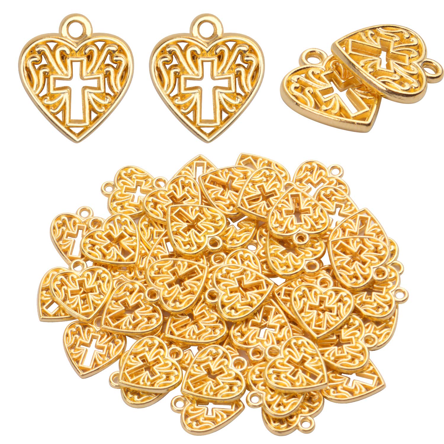 Aylifu Heart Cross Charms, 50 Pieces Alloy Metal Love Heart with Cross Charms Pendants for Making Bracelet Necklace - Gold