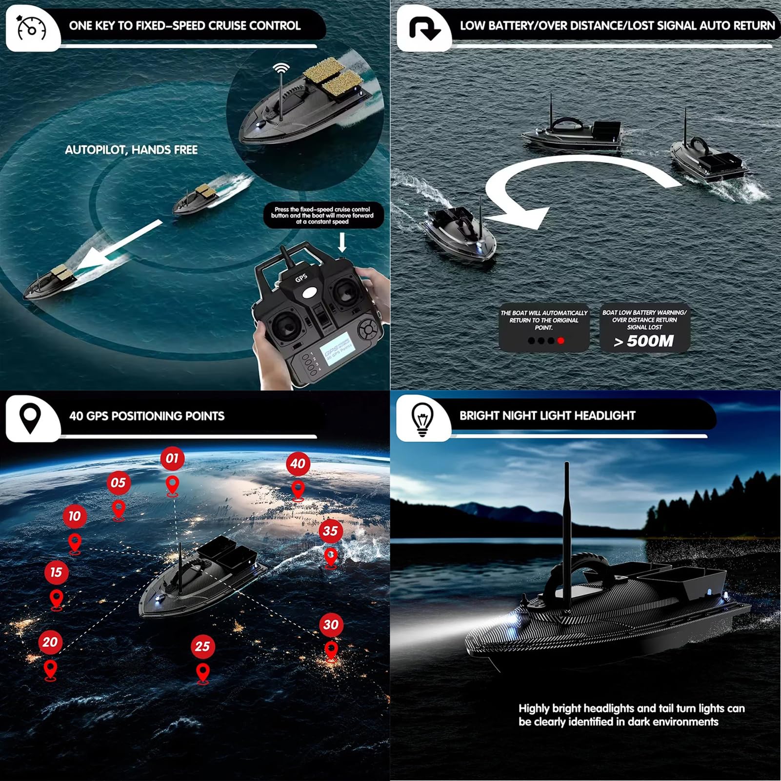 Barco de Cebo RC de 500 m con Control Remoto, GPS, posicionamiento de 40 Puntos, 2 tolvas, Carga de 1,5 kg, Retorno automático, para Pesca de Surf.