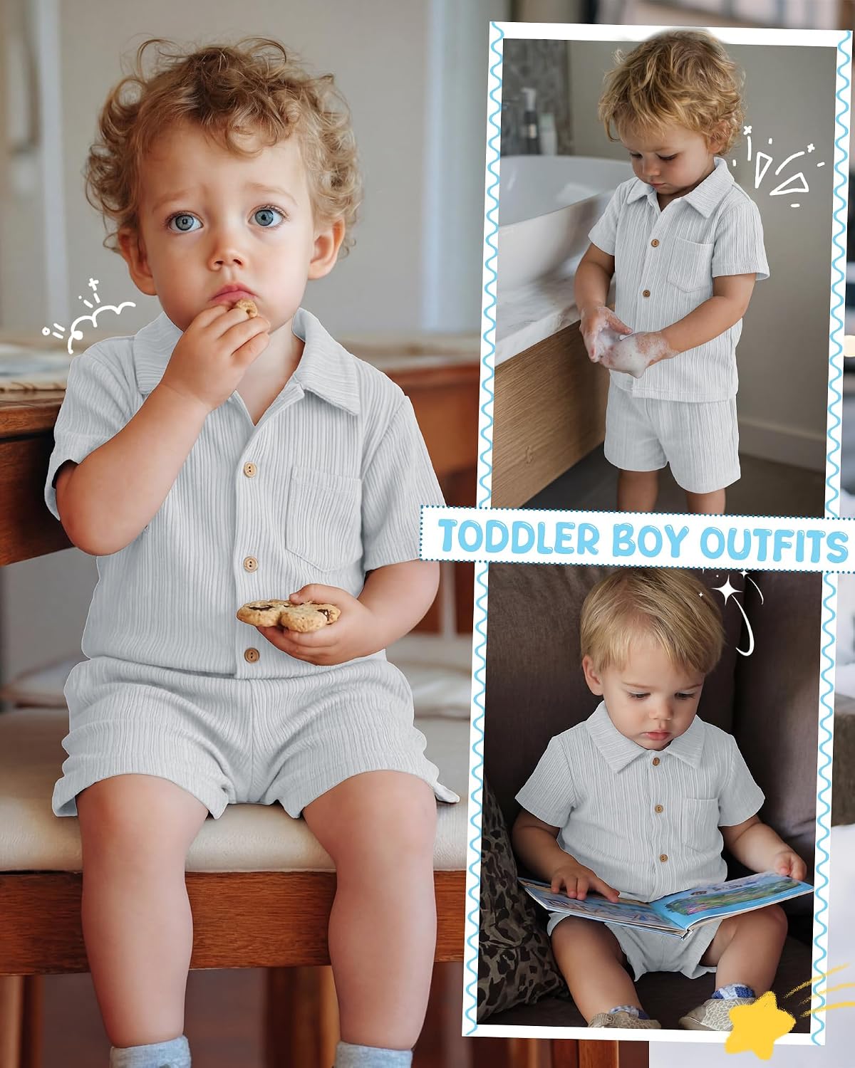 Toddler Baby Boy's Clothes Set Ribbed Button-down Cotton Shirt Tops and Shorts Summer Outfit 2 Pcs with Pockets