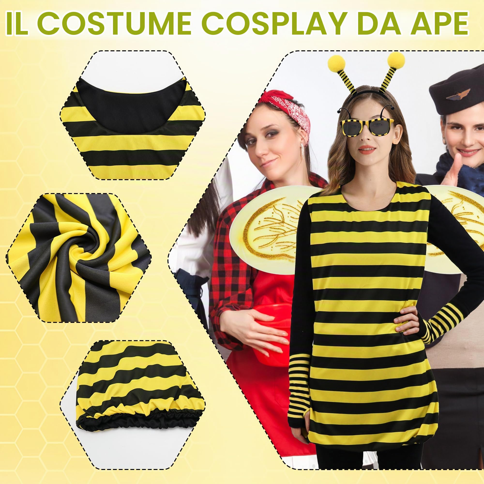 Costume da Ape Adulto Animale Costume Ape Vestito 6 Pezzi Accessori con Ali Fascia Antenna Occhiali da Sole Guanti Calzini per Carnevale