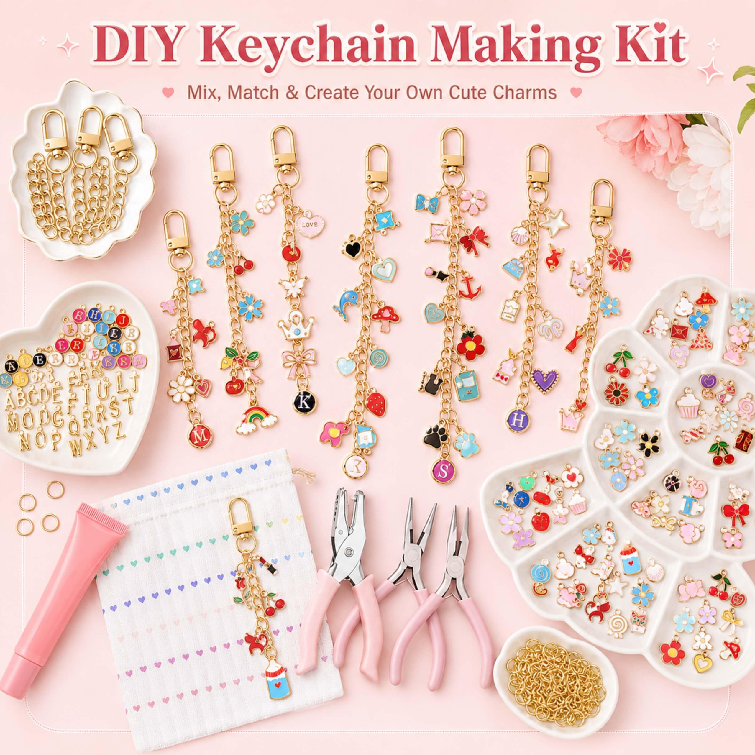 Aimery Kit de fabrication de porte-clés – 403 pièces de fournitures de fabrication de bijoux avec breloques assorties et outils pour bracelets, breloques de sac à lèvres, artisanat pour enfants et
