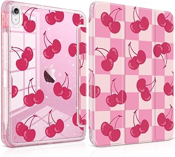 TWOLSKOO Sparkly Case for iPad 11th Gen 11" 2025 A16 & iPad 10th Gen 10.9" 2022, Glitter Hard Acrylic Back with Pencil Holder, Slim Trifold Stand Folio Cover, Auto Sleep/Wake, Checkered Cherry