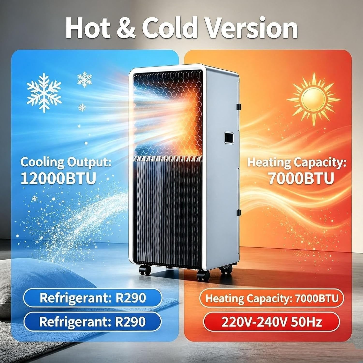 14000 BTU Mobile Klimagerät Nur Kühlung 220-240V 50Hz, Leitungs Kompressor inkl. Fensterabdichtung, Rollen, Kleiner Raum Luftkühler, A+hot & Cold 12000 Btu, A+Hot & Cold 12000 BTU
