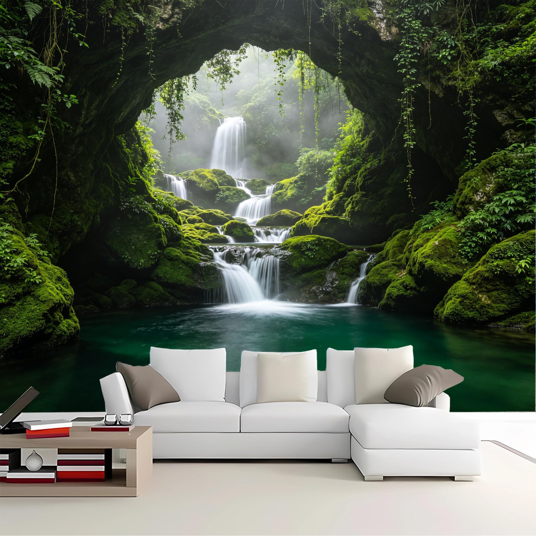 Custom Size Wall Mural Mossy Cave Waterfall Forest Removable Self Adhesive Peel and Stick Wallpaper for Bedroom Living Room Dining Room