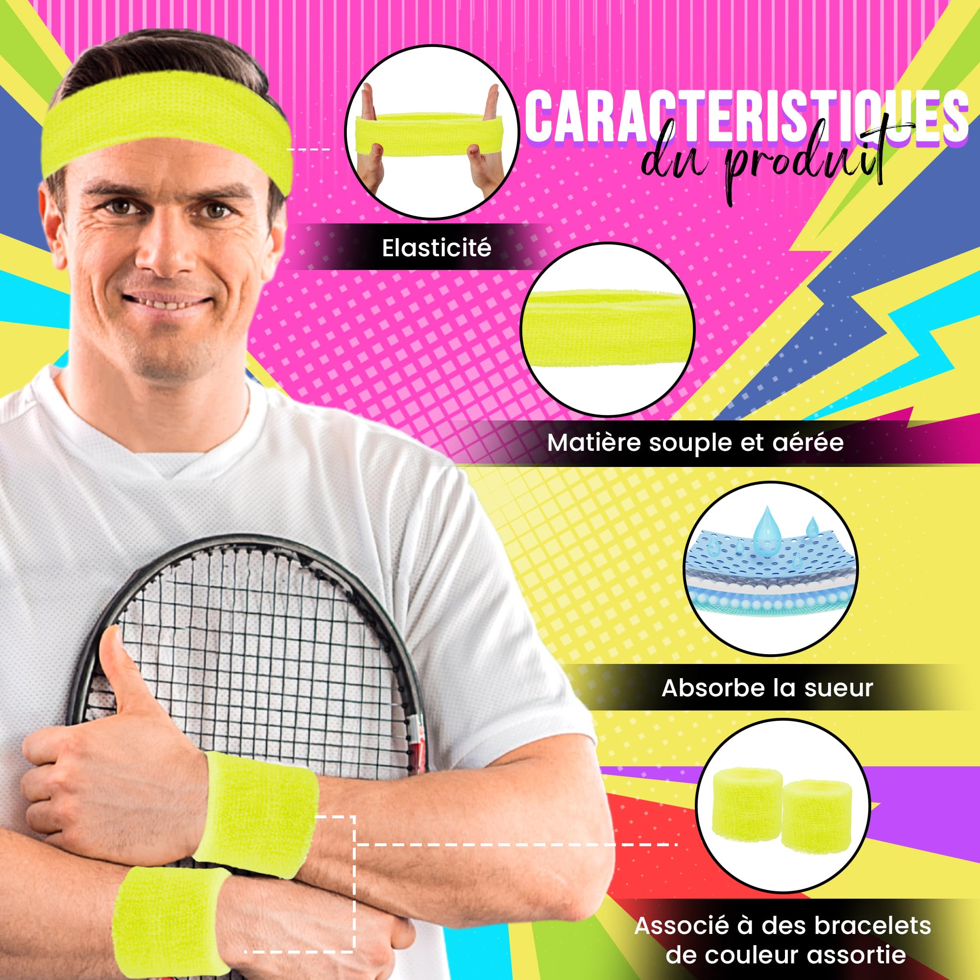 Lot De 15 Accessoires Années 80 : 5 Bandeaux & 10 Bracelets Fluos - Sport, Fête, Carnaval - Anti-Transpiration