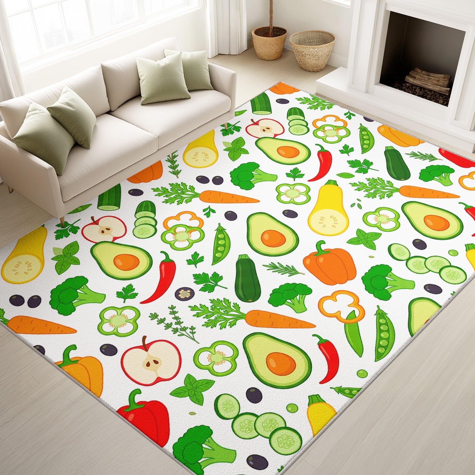 Alfombras lavables para sala de estar, 150 x 210 cm, alfombras esponjosas para dormitorio, antideslizantes, de pelo bajo, suaves, frescas, naturales, frutas, verduras, con patrón colorido, alfombras