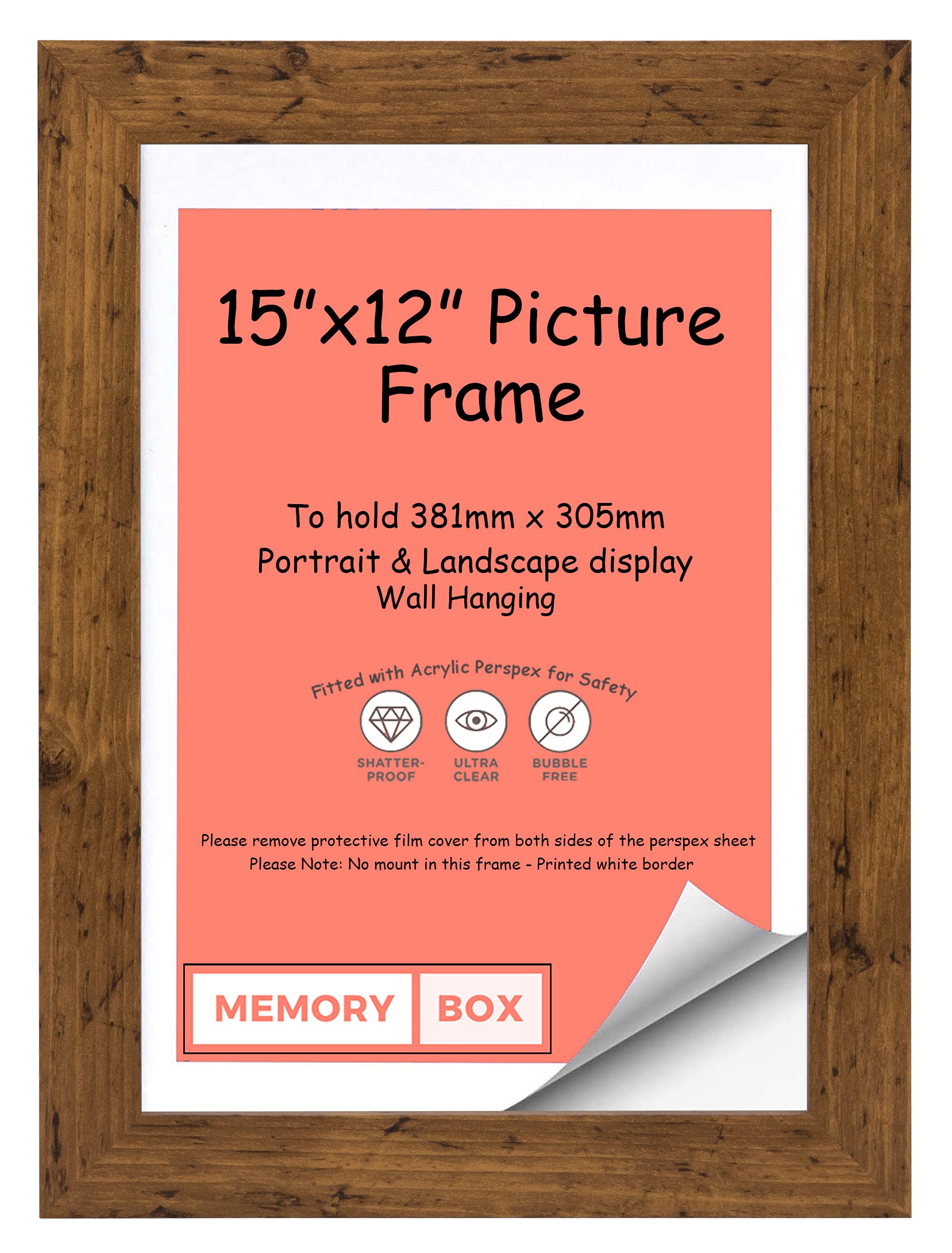Memory Box Wrapped MDF Picture/Photo/Poster frame with Perspex Sheet - Moulding 30mm Wide and 15mm Deep - (38.1 x 30.5cm) Rustic 15" x 12"