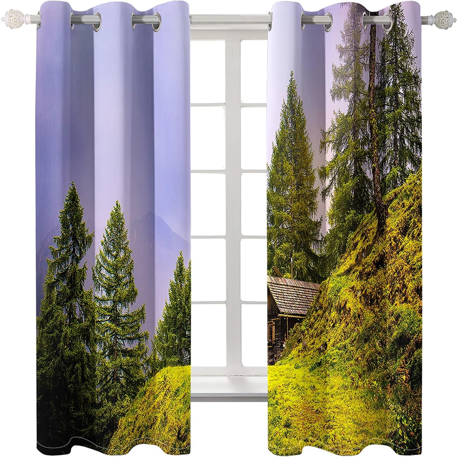 Gardinen Blickdicht 214 cm Lang, Verdunkelnde Vorhänge mit Ösen 2er Set Grün Lila Berg Blockhütte und Bäume Landschaft Vorhang für Wohnzimmer Schlafzimmer Kinderzimmer, 86x214 cm(BxH)