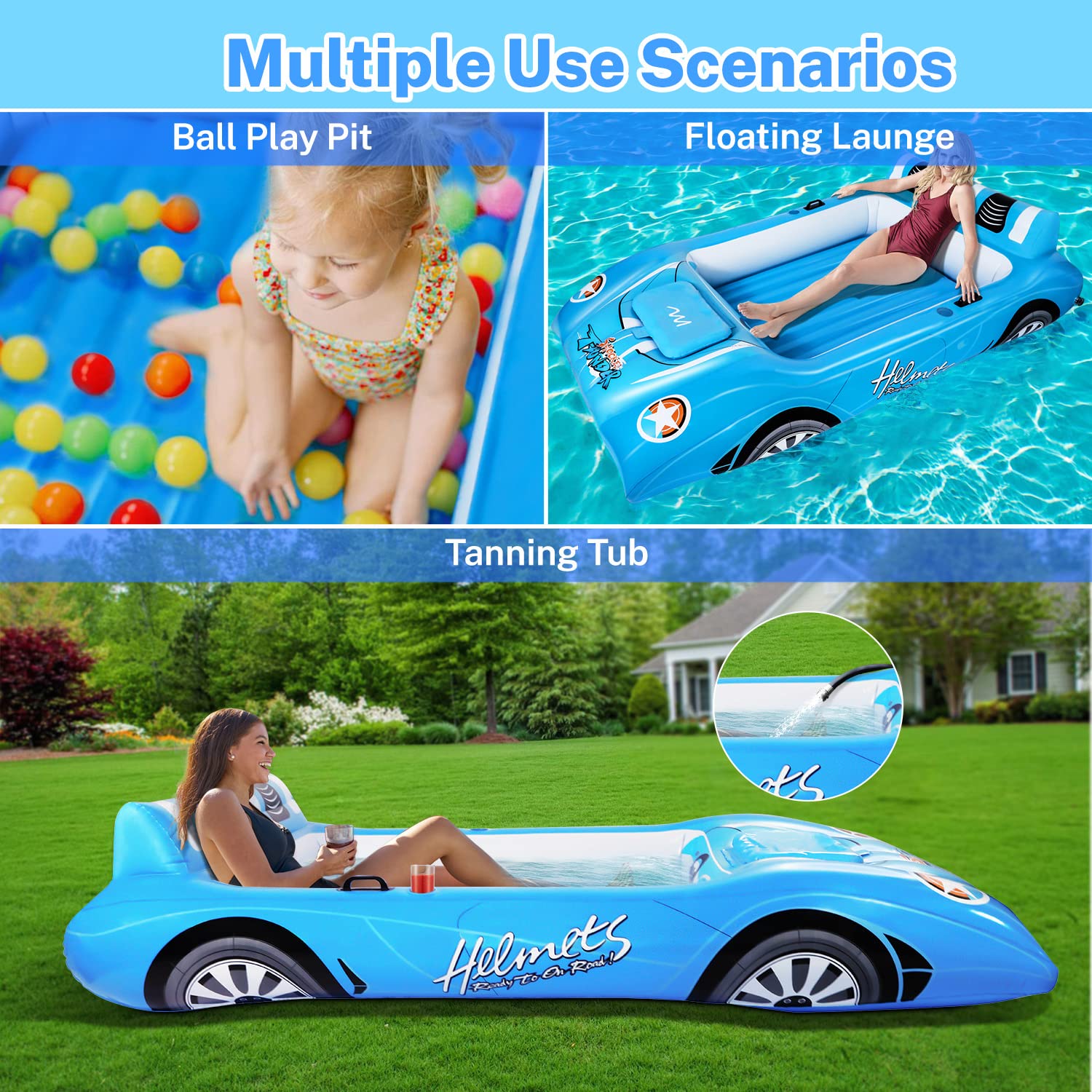 Alupssuc XL Inflatable Pool Floats Double Lounger Adult Size with Ice Bucket, 102" x 63" Extra Large and Thick Convertible Raft for Swimming Pool, Beach Tanning & Lake Floats with Headrest, Blue&White