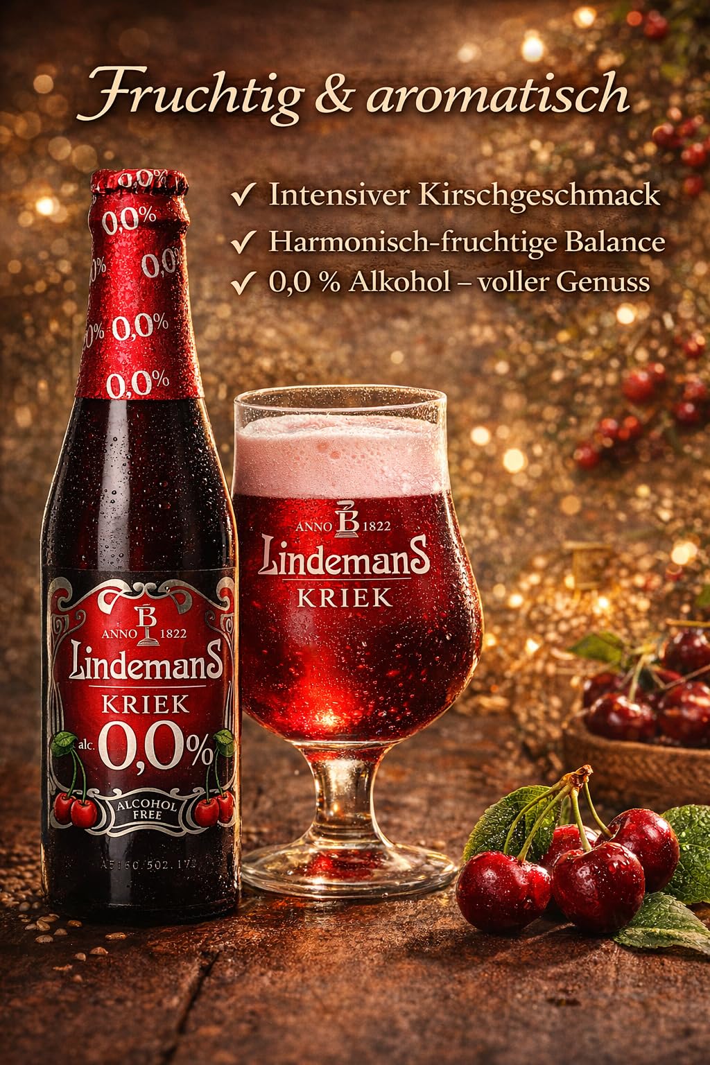 Lindemans Kriek Belgisches Kirschbier, 24 Flaschen à 250ml, 0% Vol, Alkoholfrei, Lambic Fruchtbier, Süß-Sauer
