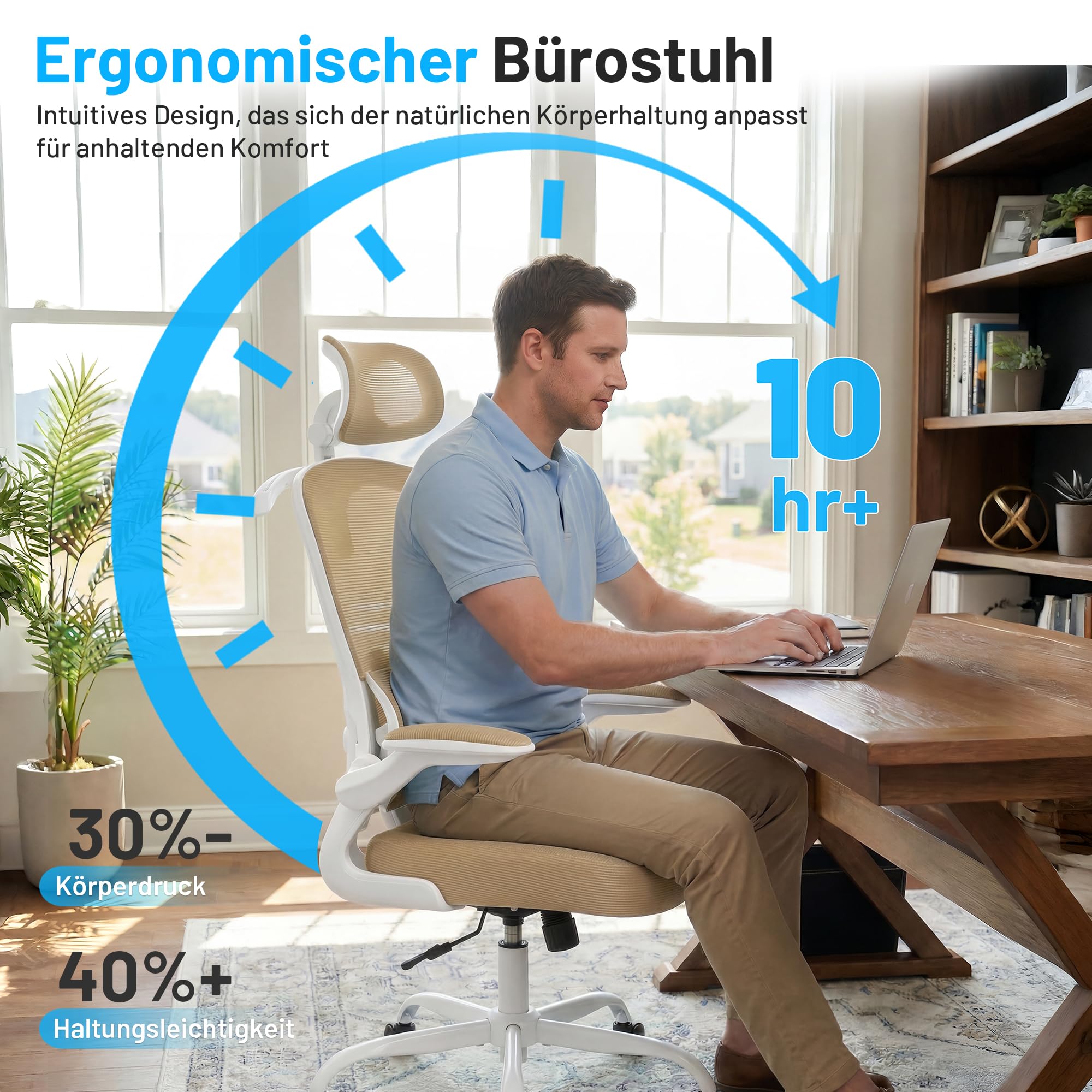 Ergonomischer Bürostuhl mit Kopf- & Lendenstütze, Khaki | belastbar bis 150 kg , Atmungsaktive Netzbespannung, höhenverstellbarer Drehstuhl mit Rollen, für Büro & Homeoffice