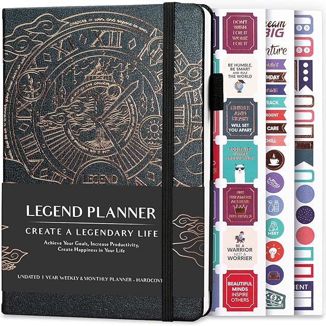 Legend Planner  Deluxe Weekly & Monthly Life Planner to Hit Your Goals & Live Happier. Organizer Notebook & Productivity Journal. A5 Hardcover, Undated  Start Any Time + Stickers  Mystic Gray Gold