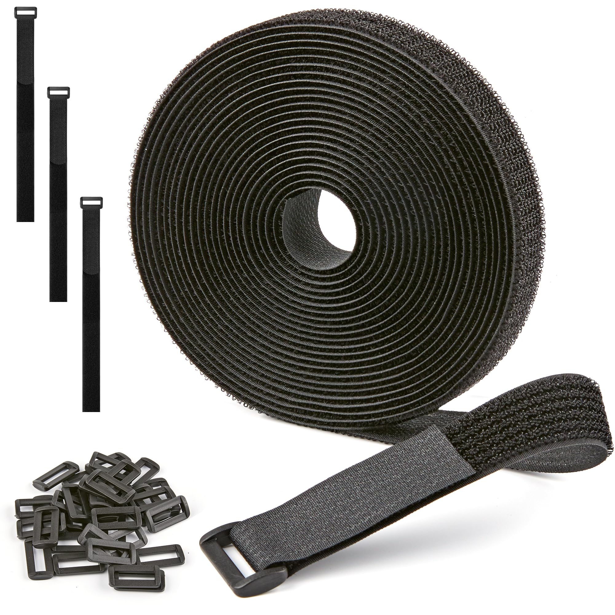 1" x 15ft Nylon Hook and Loop Cable Straps Roll with 20 Plastic Buckles - Reusable, Adjustable, Cut-to-Length for Organizing Cords, Wires &amp; Storage Solutions