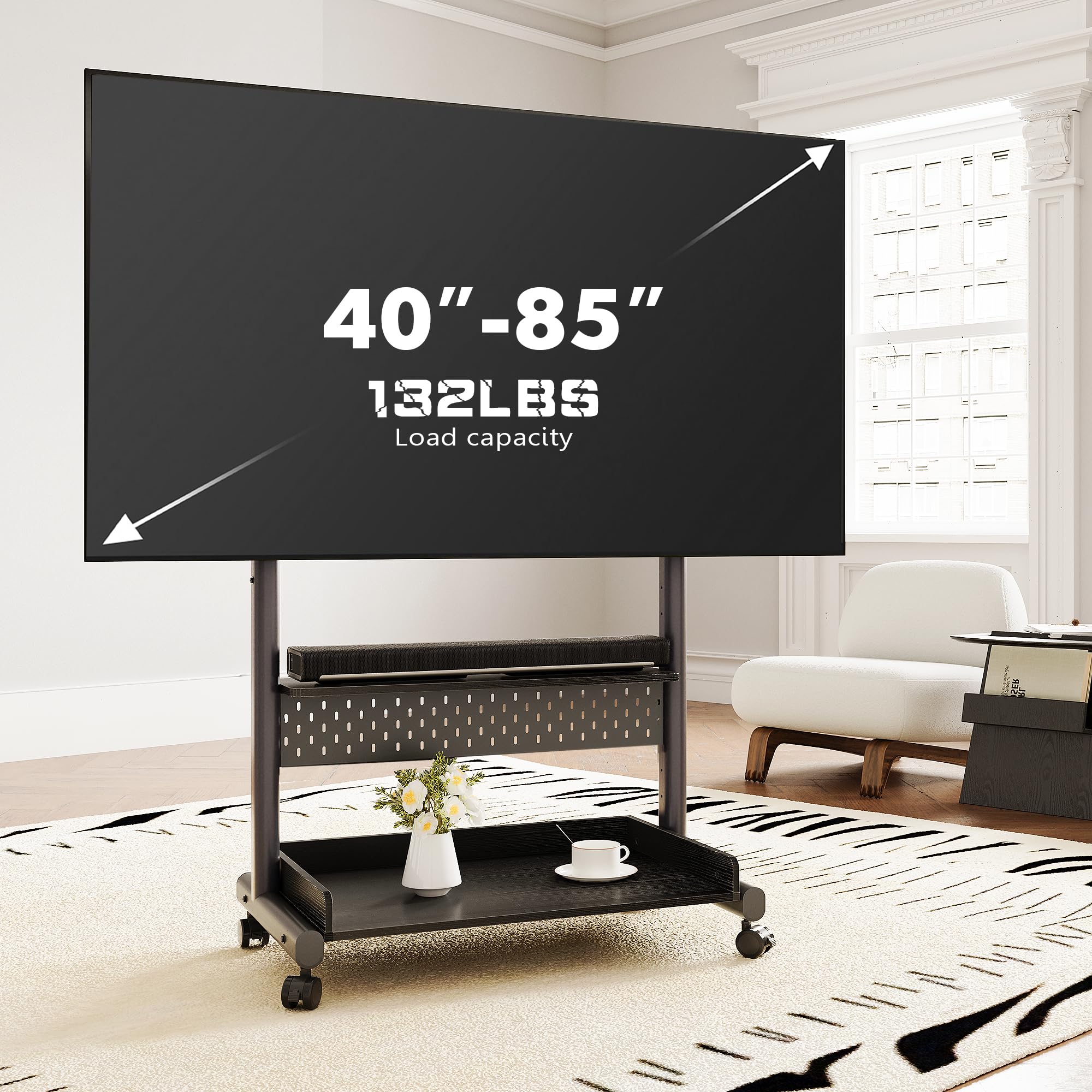 FITUEYES Stojak pod telewizor na rolkach, stojak telewizyjny z rolkami, podłogowy stojak na telewizor, wózek telewizyjny dla telewizorów 40-85 cali, regulacja wysokości, maks. 60 kg, VESA 600x400 mm