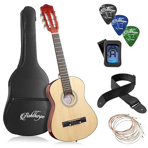 Ashthorpe 30-inch Beginner Acoustic Guitar Package (Natural), Basic Starter Kit w/Gig Bag, Strings, Strap, Tuner, Picks