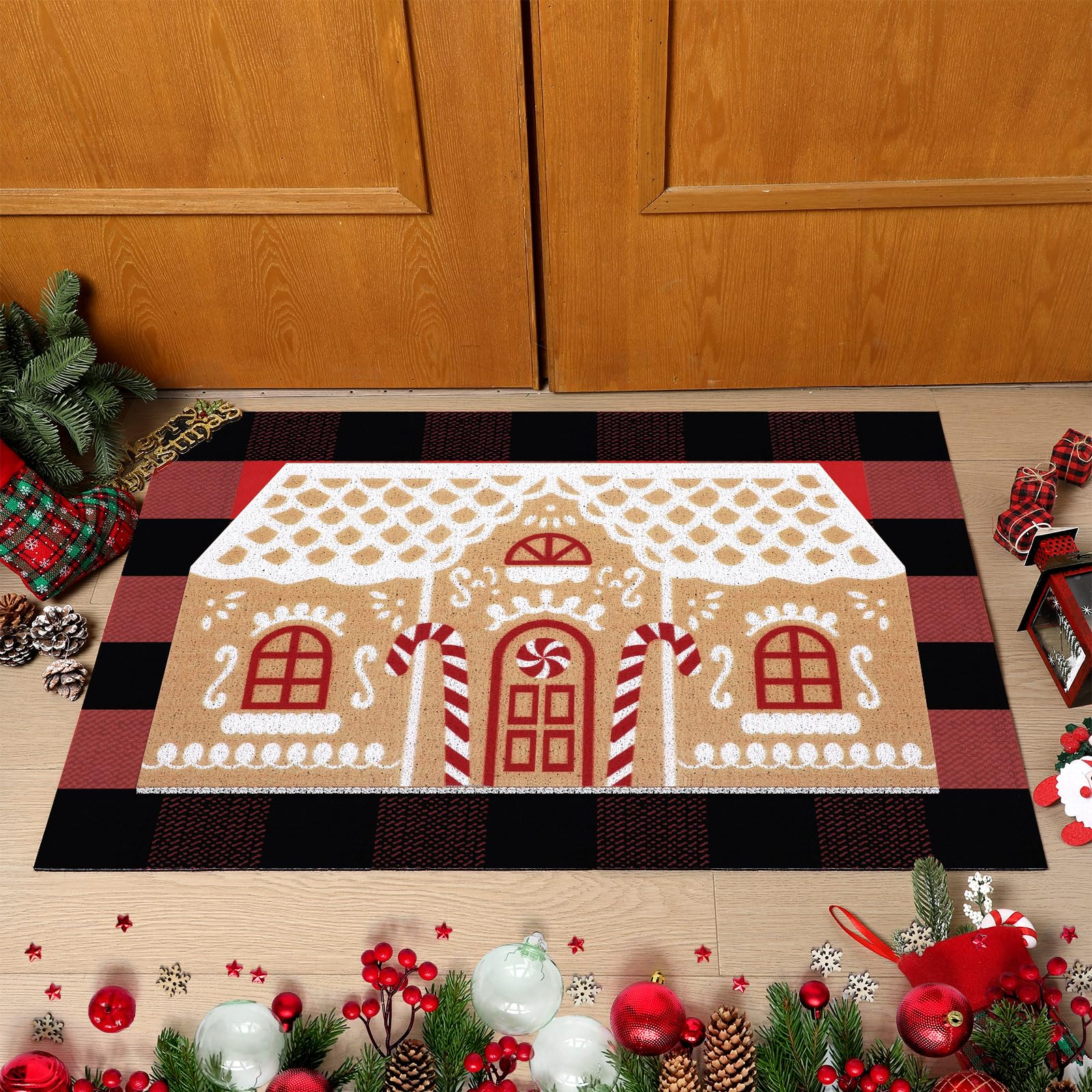 Tinideya Fußmatte mit Aufschrift "Merry Christmas", rutschfest, Motiv Lebkuchenhaus, Dorf, bunt, Weihnachtsmotiv, Büffelkariert, gestreift, für Eingangsbereich, Lebkuchenhaus, 2 Stück